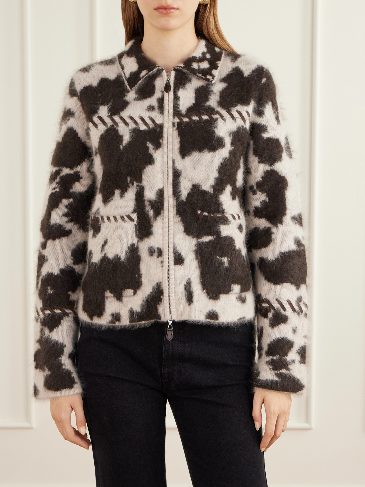 Grizzly Cowhide Leather-Trimmed Brushed Cashmere Jacket