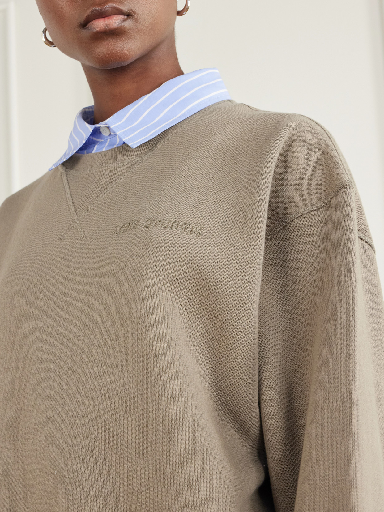 Layered Striped Poplin-Trimmed Cotton-Fleece Sweatshirt