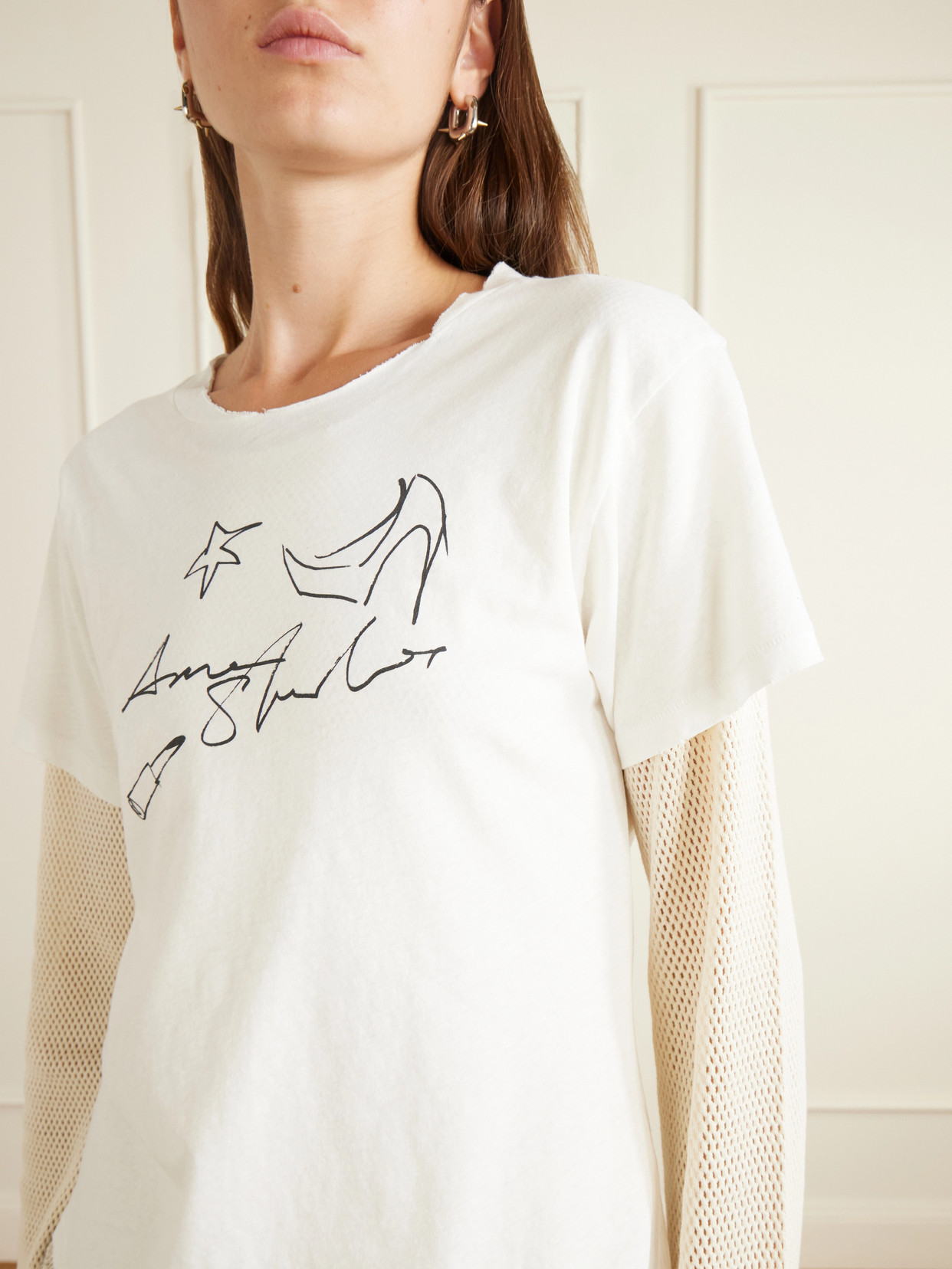 Evina Layered Logo-Printed Mesh-Trimmed Cotton And Hemp-Blend T-Shirt