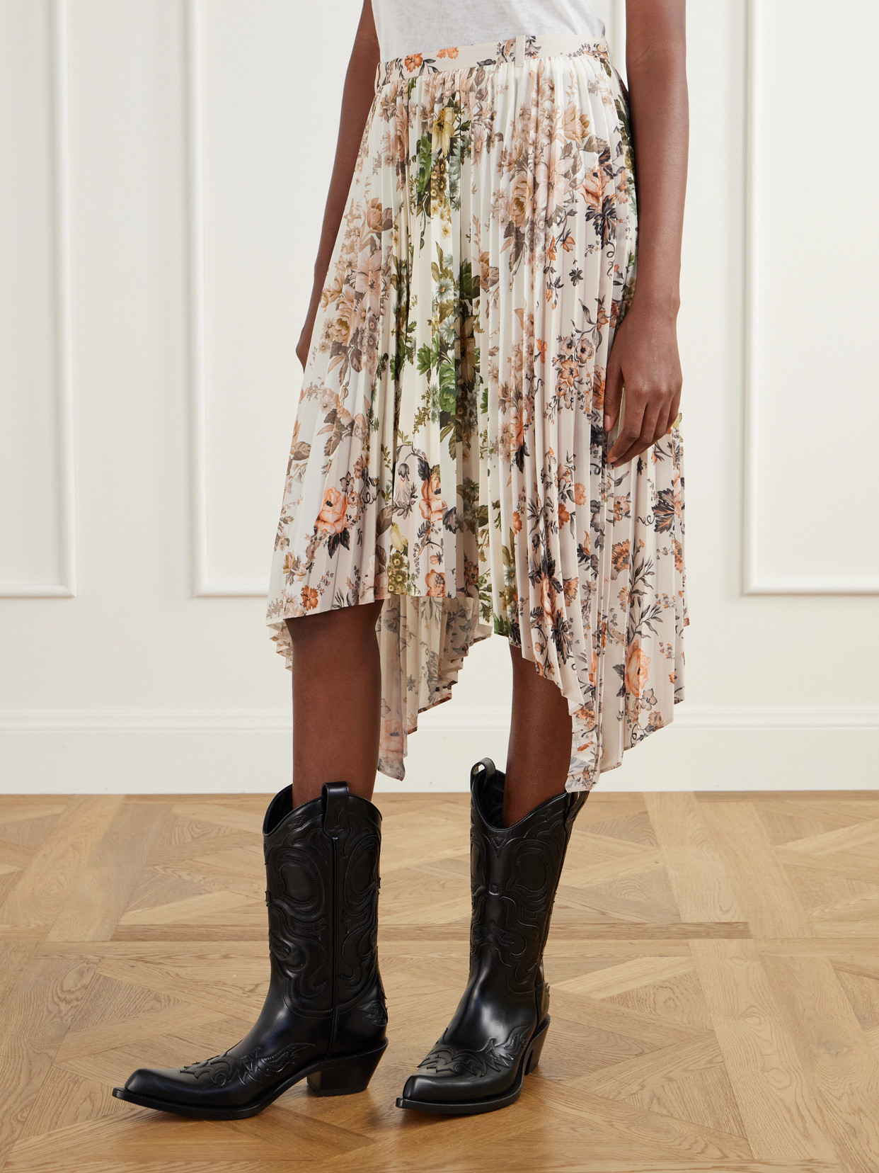 Pleated Floral-Print Georgette Midi