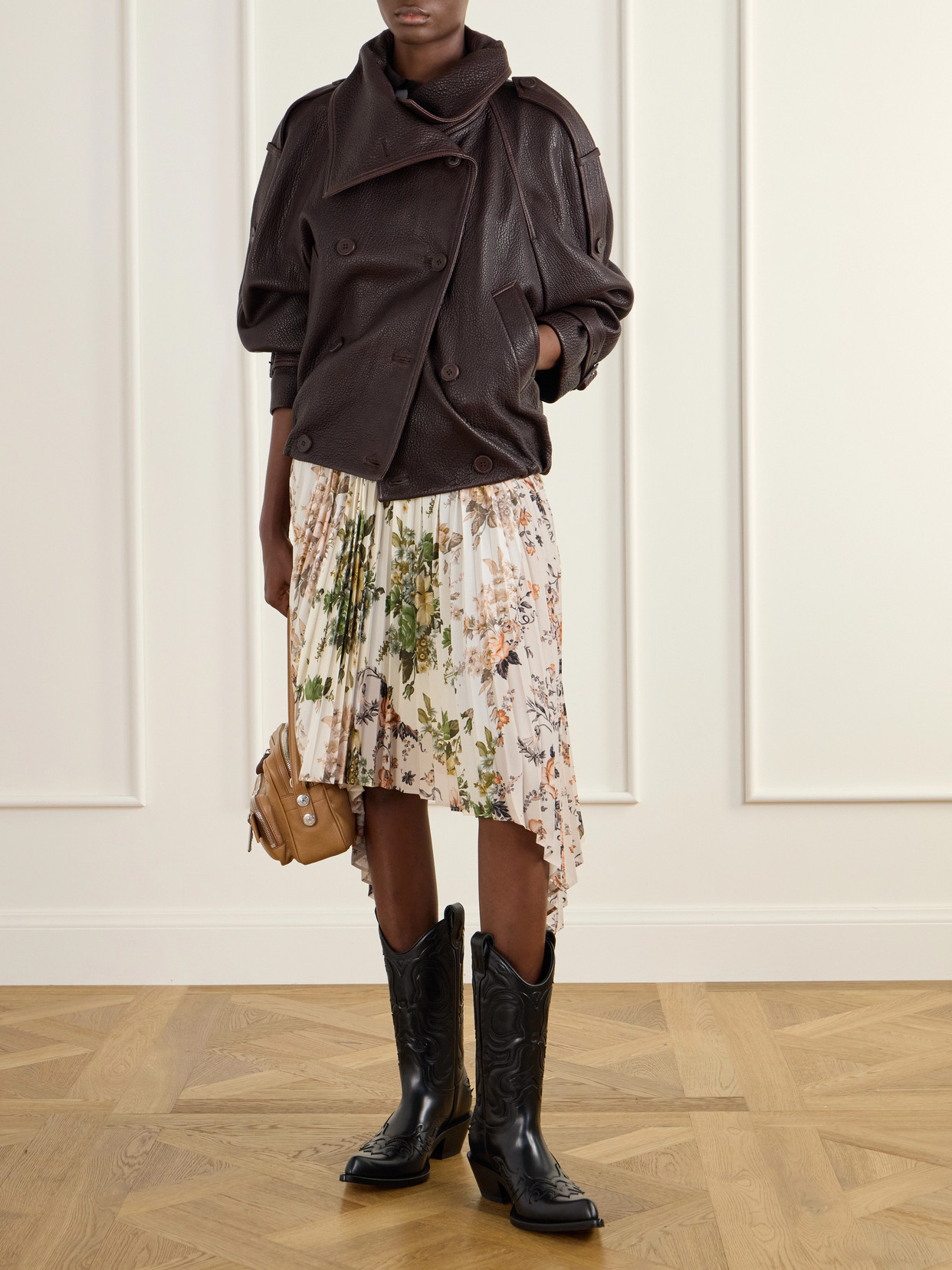 Pleated Floral-Print Georgette Midi