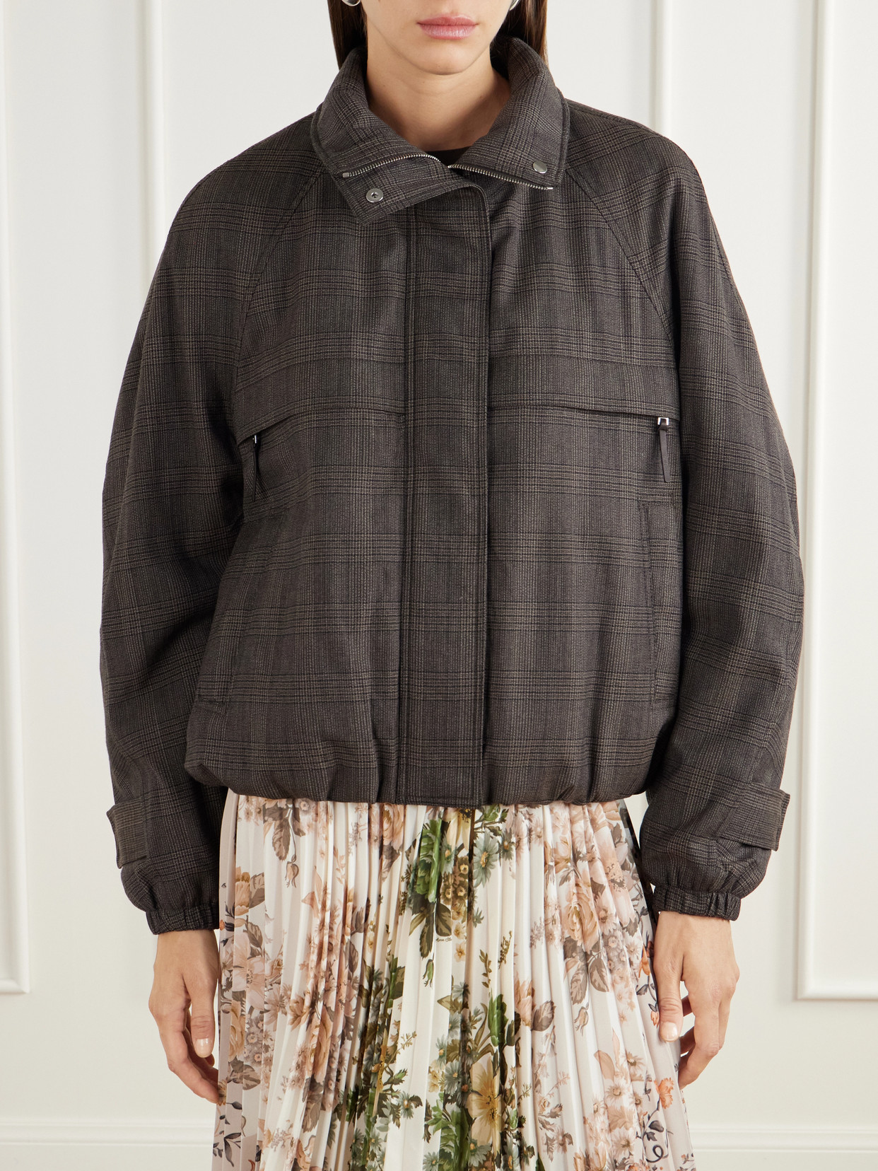Checked Padded Leather-Trimmed Wool-Blend Mouliné Jacket
