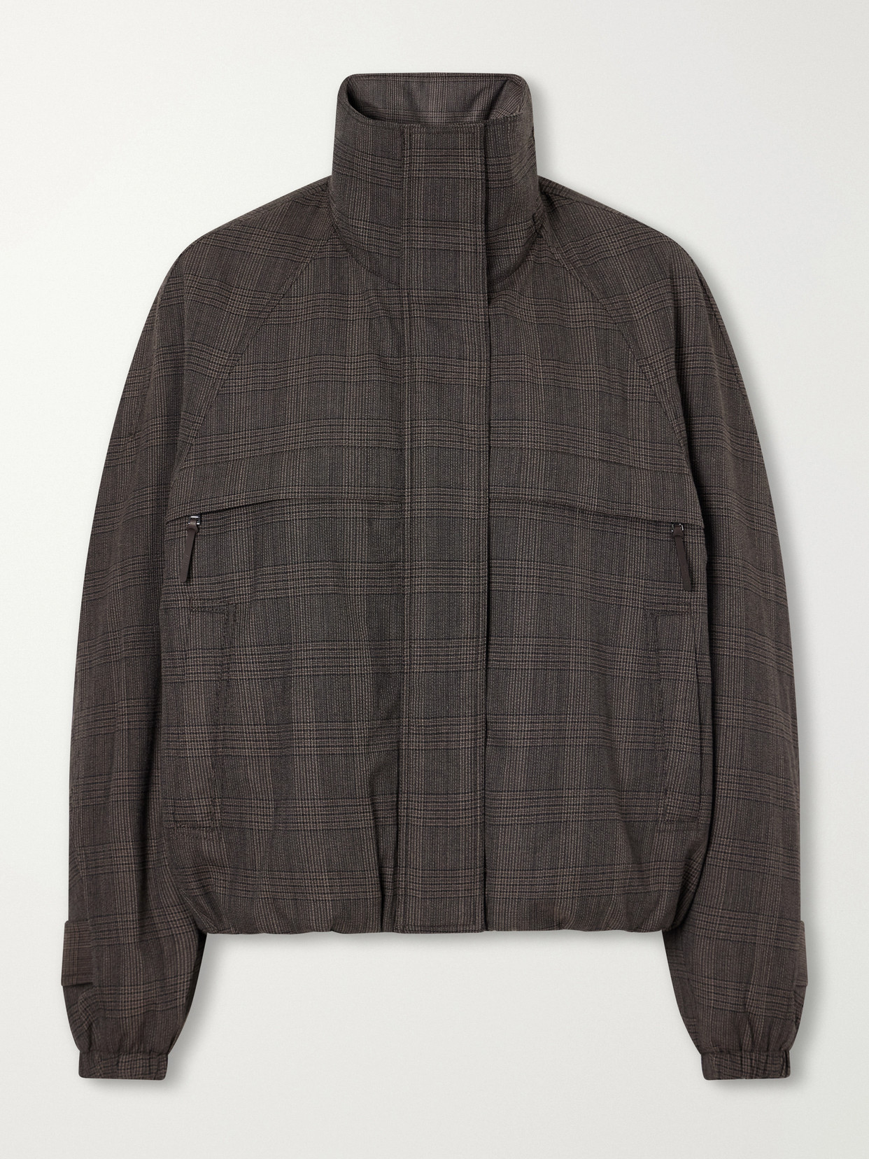 Checked Padded Leather-Trimmed Wool-Blend Mouliné Jacket
