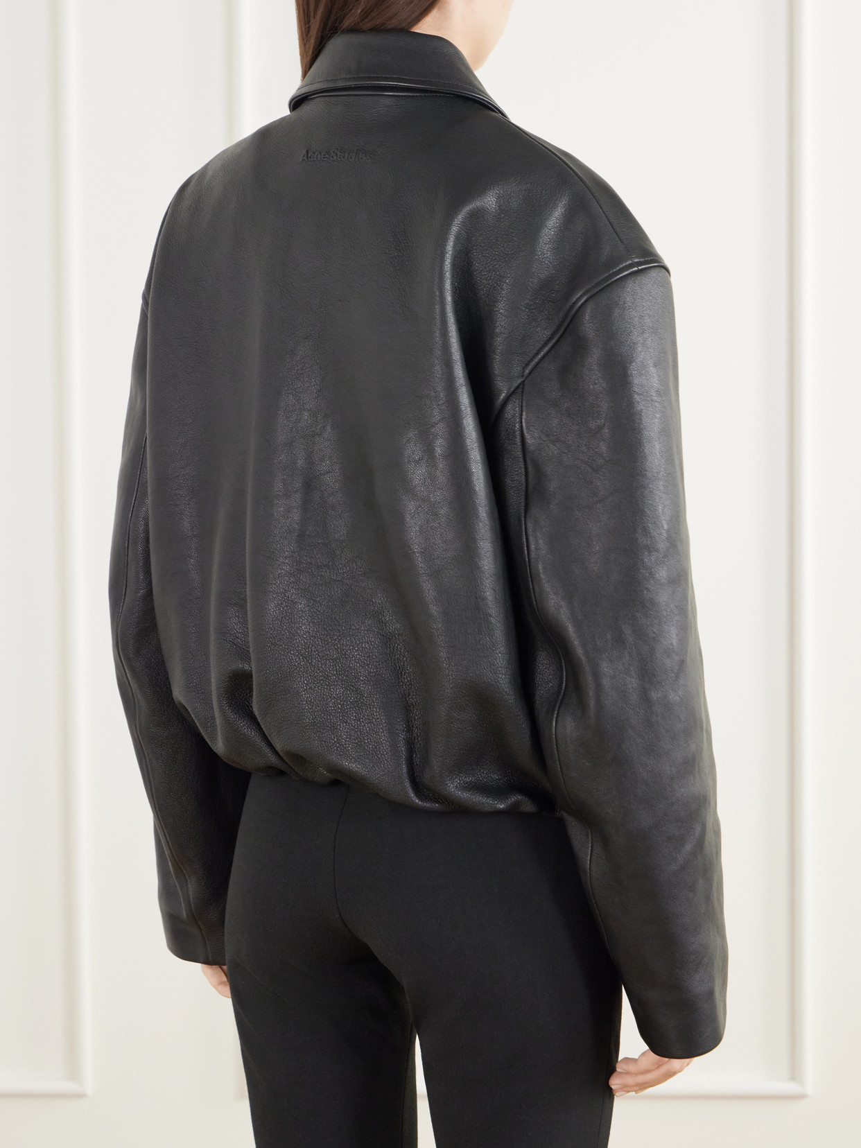 Cropped Gathered Logo-Embossed Leather Bomber Jacket