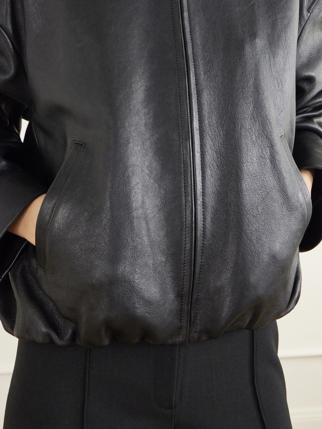 Cropped Gathered Logo-Embossed Leather Bomber Jacket