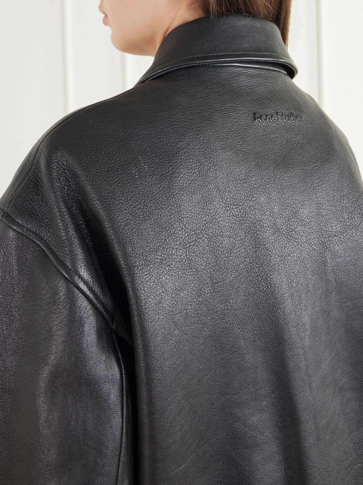 Cropped Gathered Logo-Embossed Leather Bomber Jacket