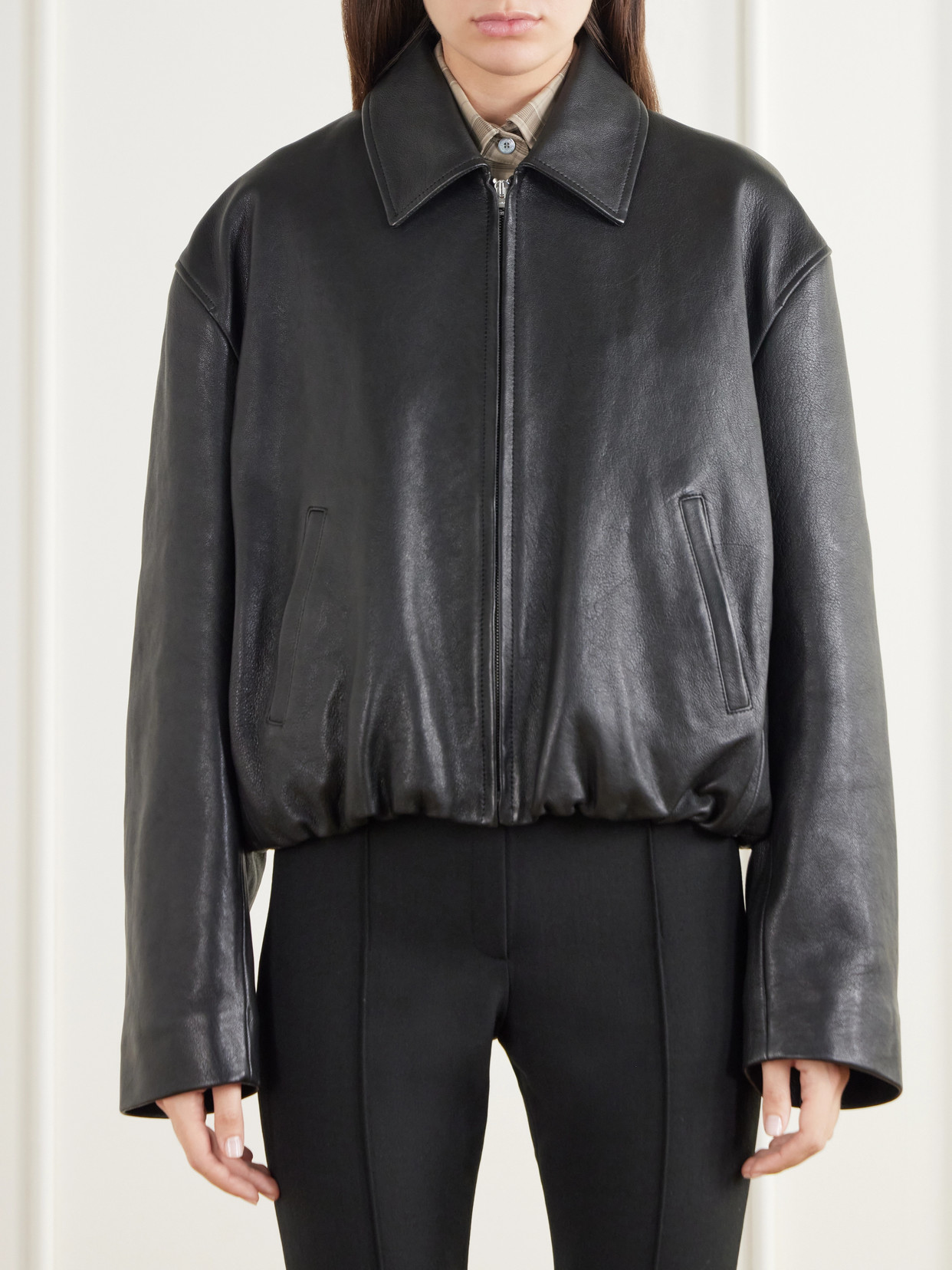 Cropped Gathered Logo-Embossed Leather Bomber Jacket