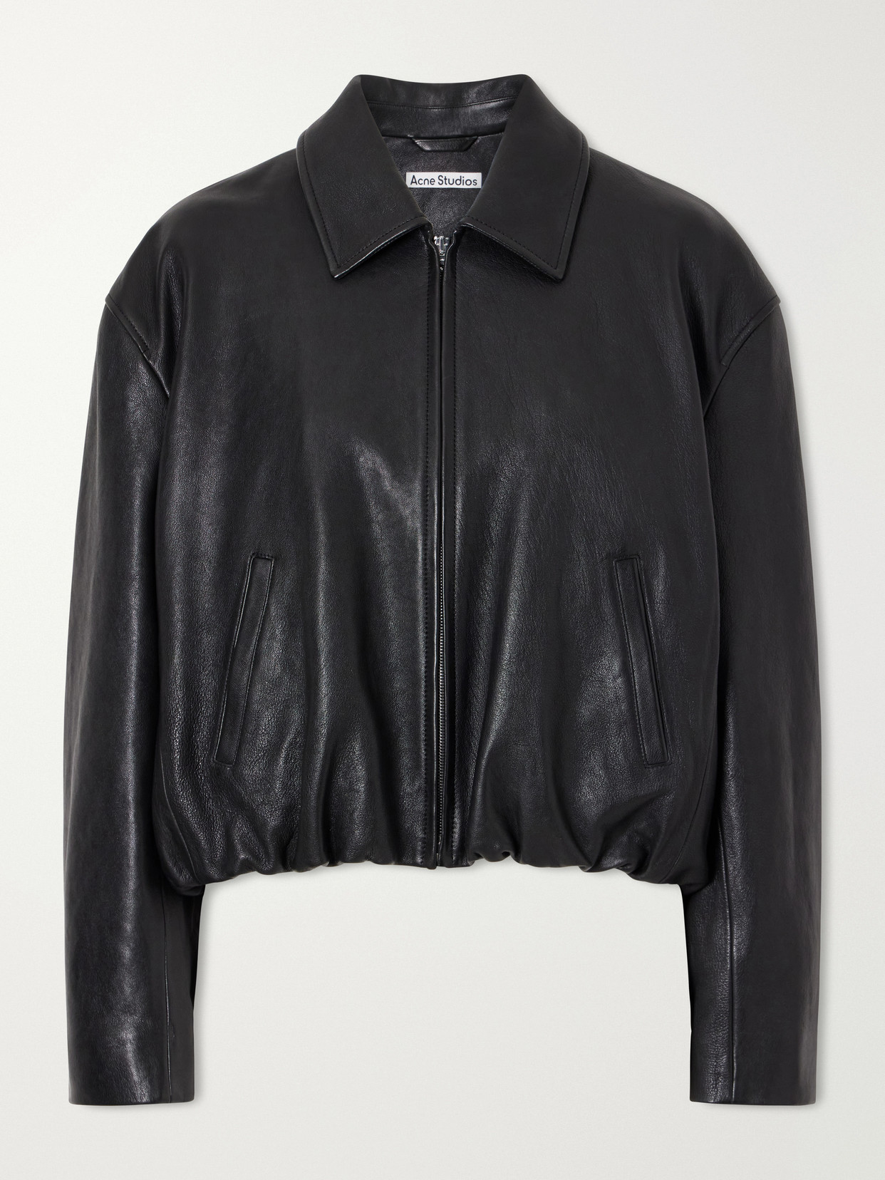 Cropped Gathered Logo-Embossed Leather Bomber Jacket