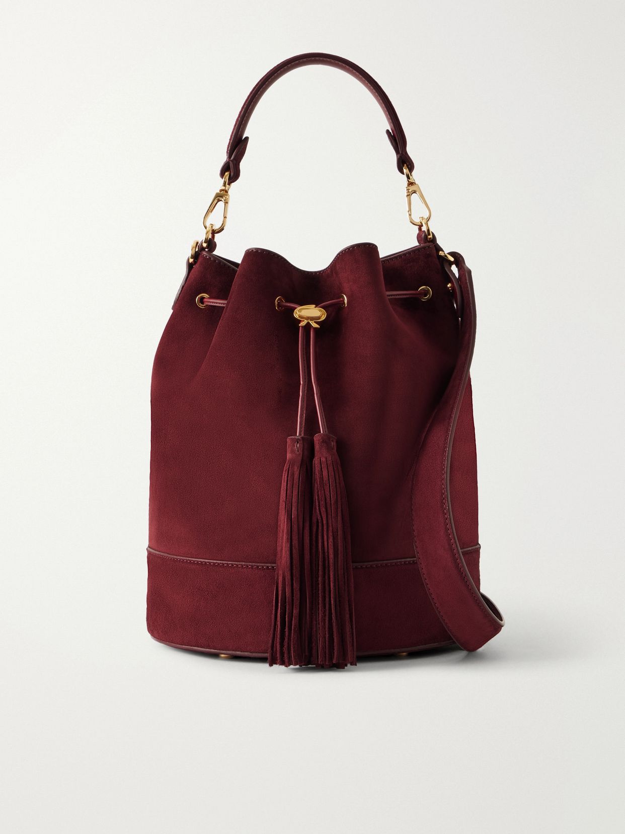 Sienna tasseled suede drawstring bucket bag