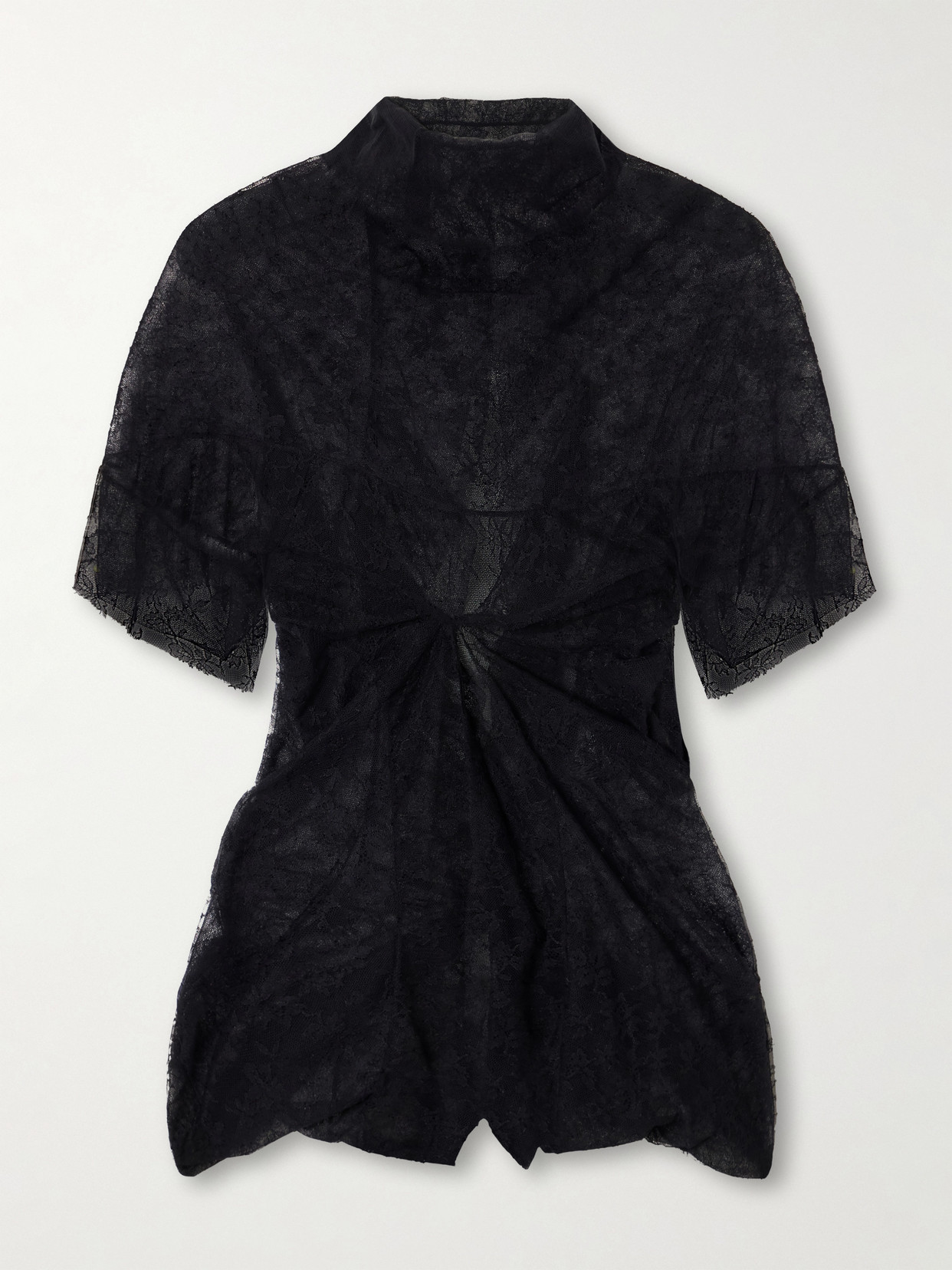 Colleen Allen Draped Ruffled Lace Blouse In Black