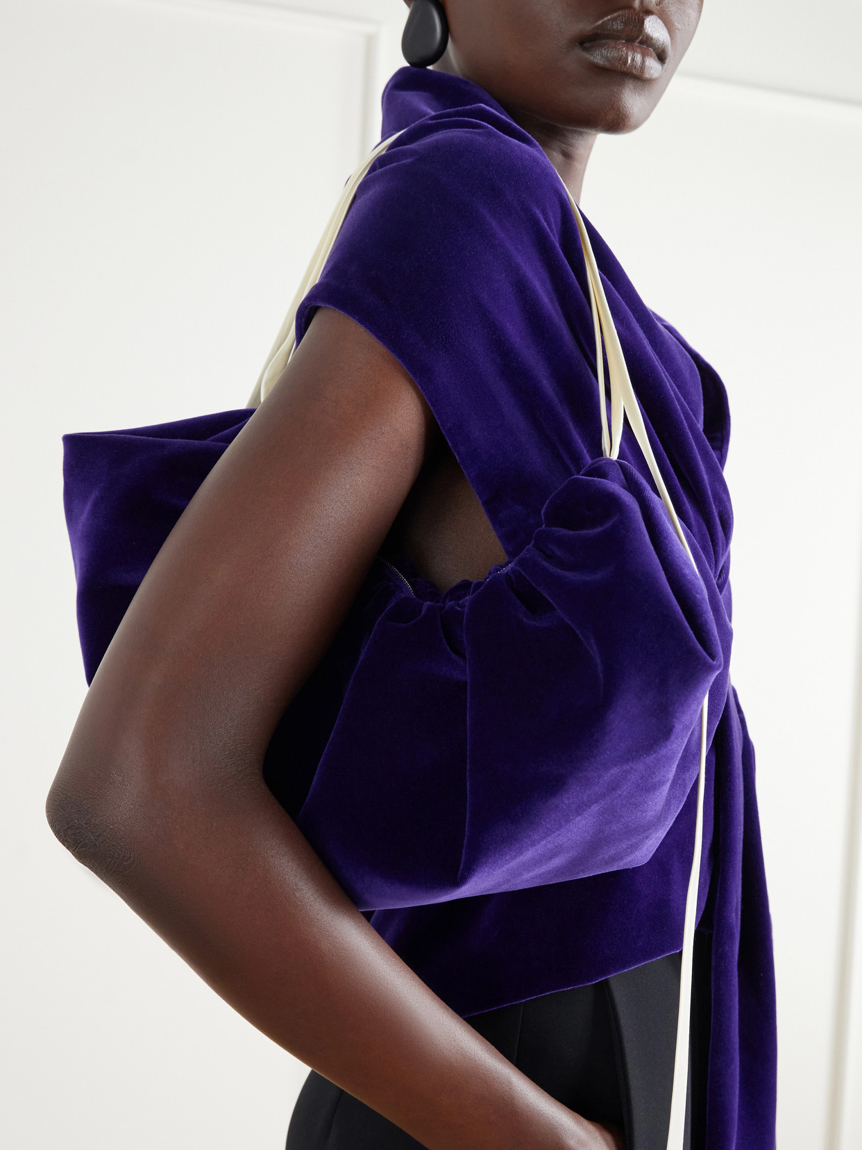Bustle Gathered Satin-Trimmed Cotton-Velvet Shoulder Bag
