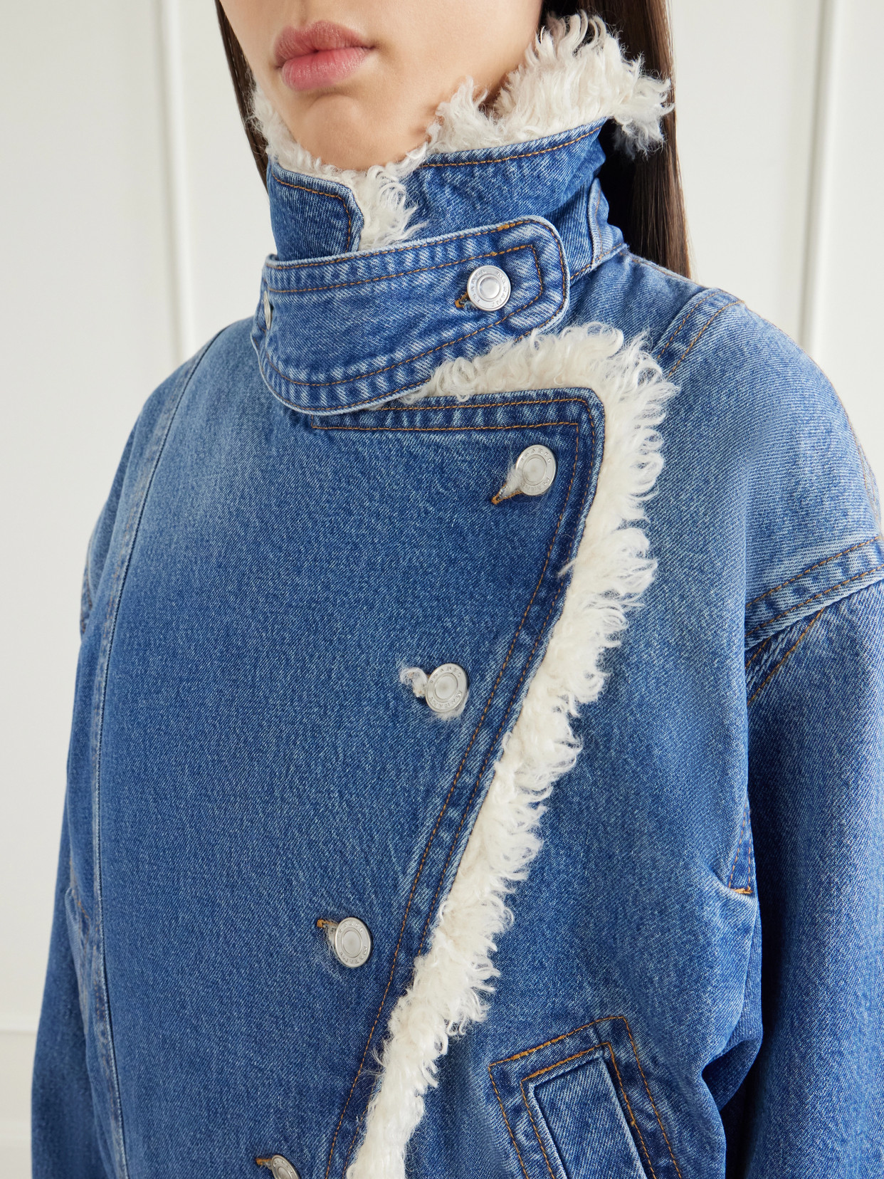 Valineo Padded Plush-Trimmed Denim Coat