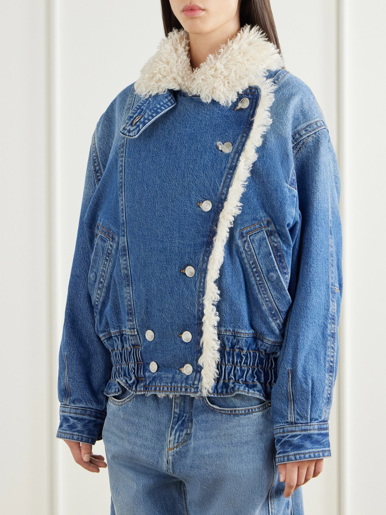 Valineo Padded Plush-Trimmed Denim Coat