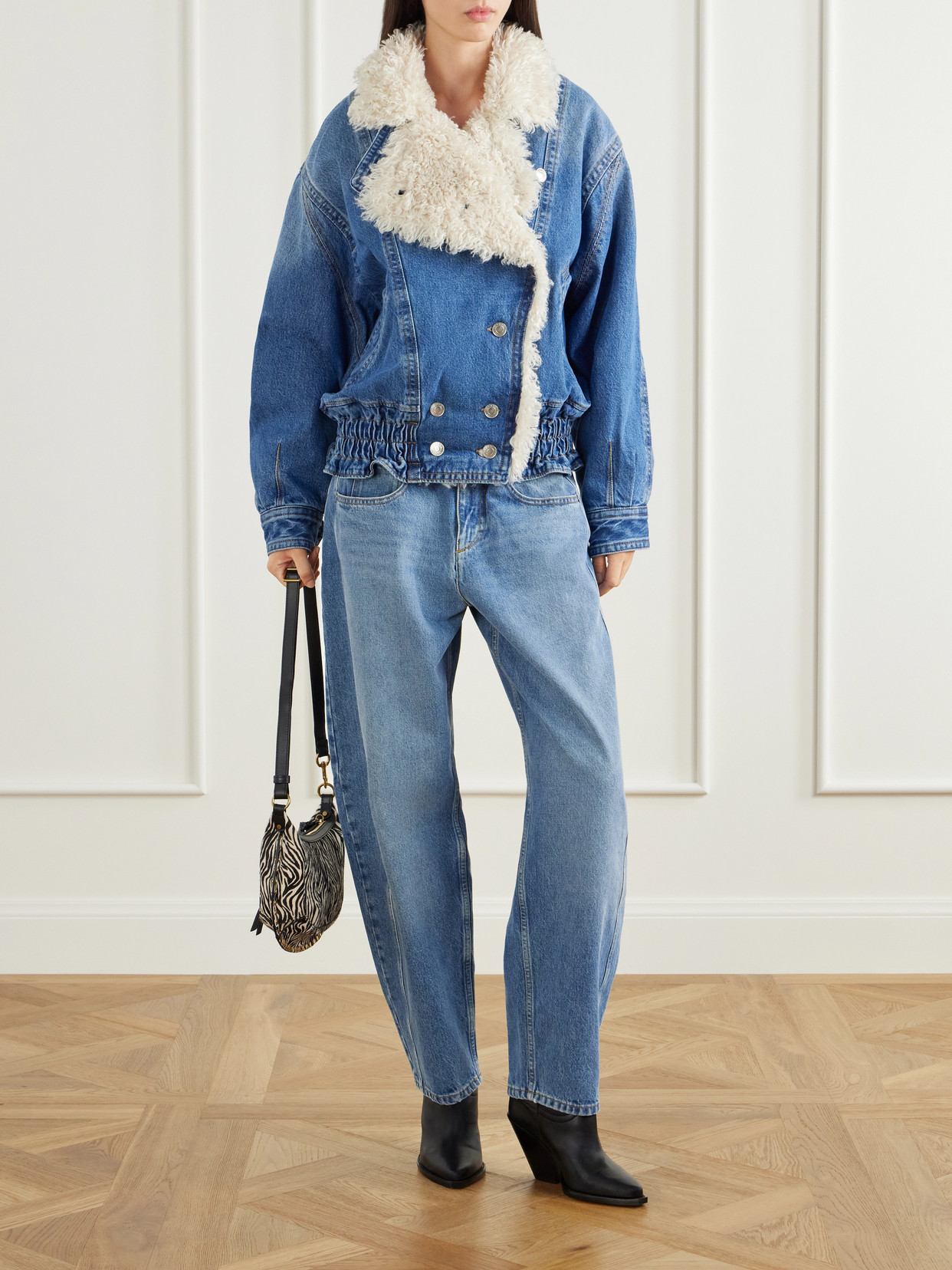 Valineo Padded Plush-Trimmed Denim Coat