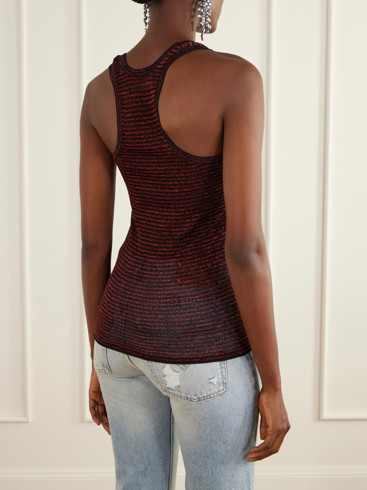 Cevara Striped Metallic Mesh Tank