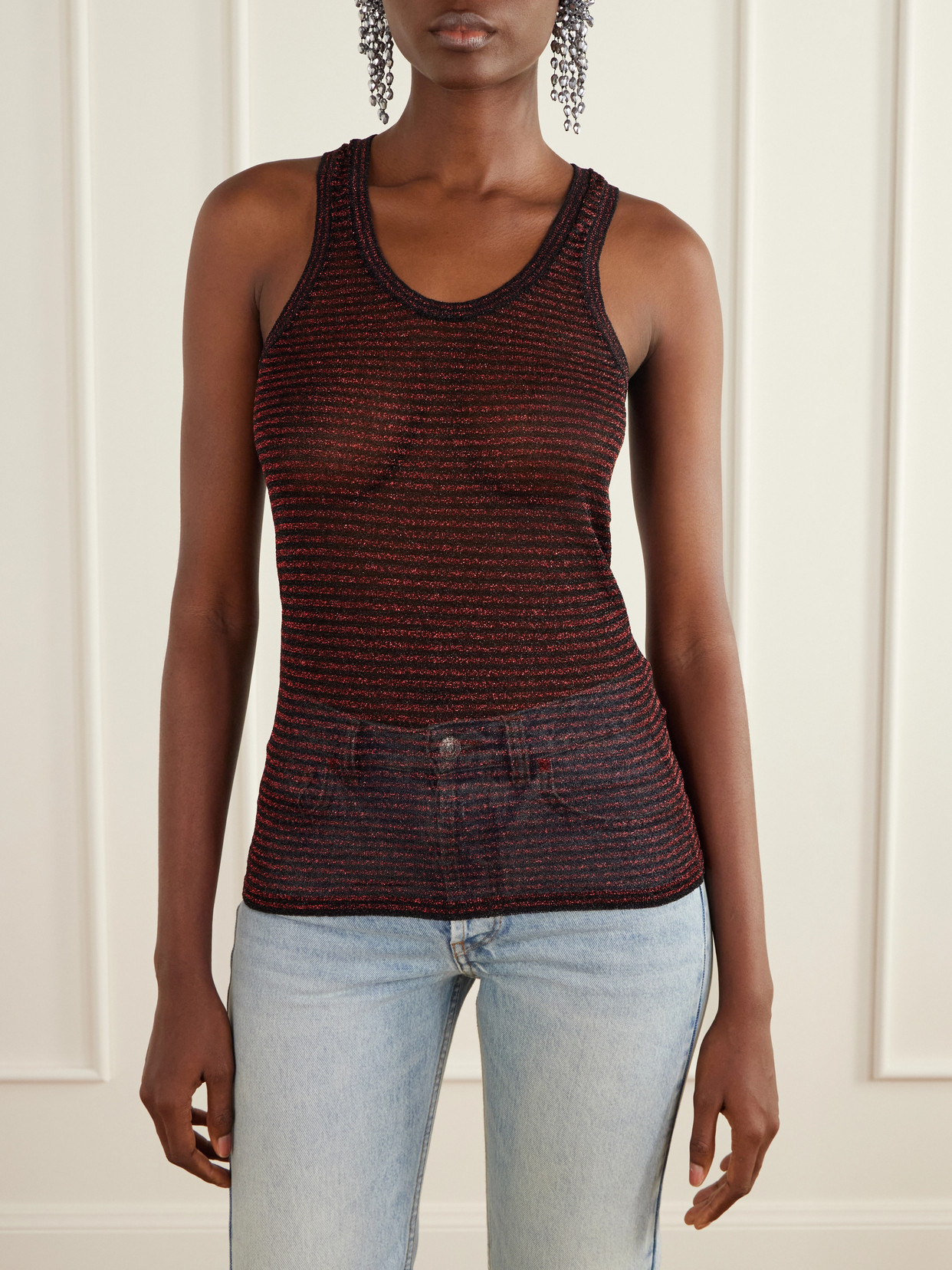 Cevara Striped Metallic Mesh Tank