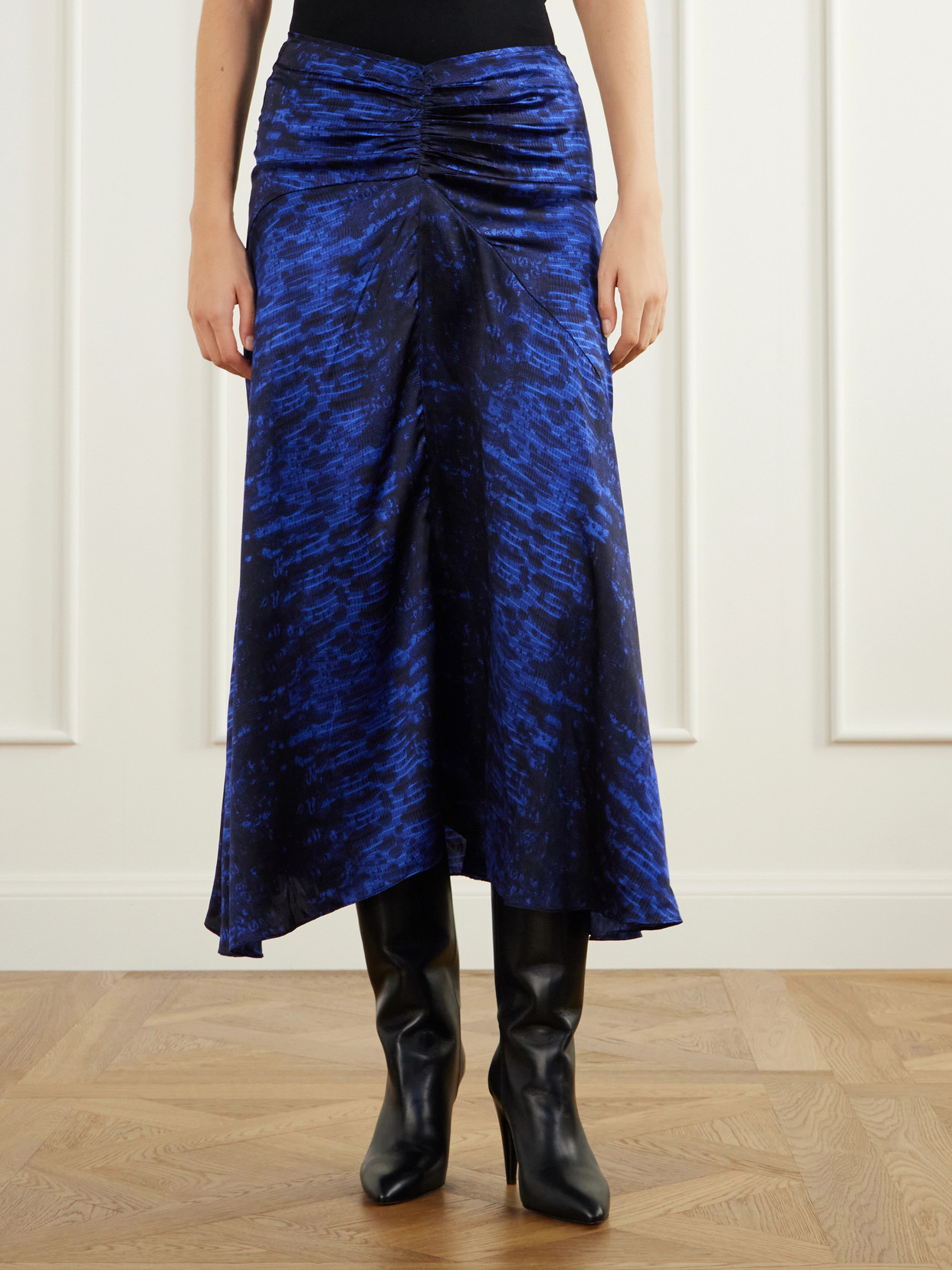 Laren Gathered Printed Silk-Satin Midi