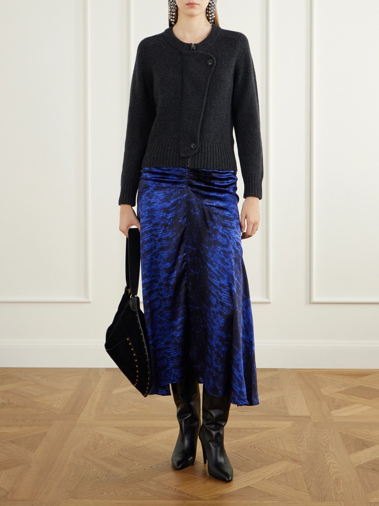 Laren Gathered Printed Silk-Satin Midi