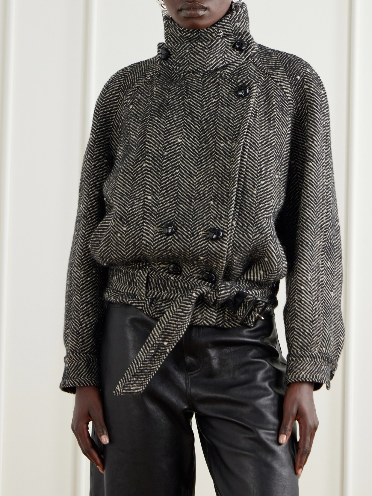 Elvane Belted Herringbone Wool-Blend Coat