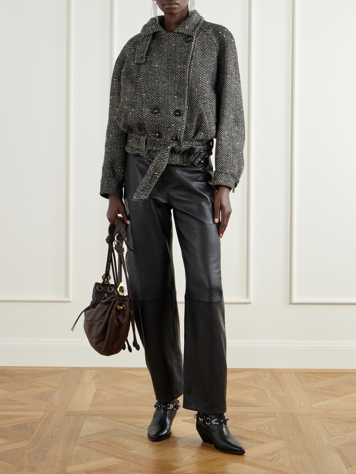 Elvane Belted Herringbone Wool-Blend Coat