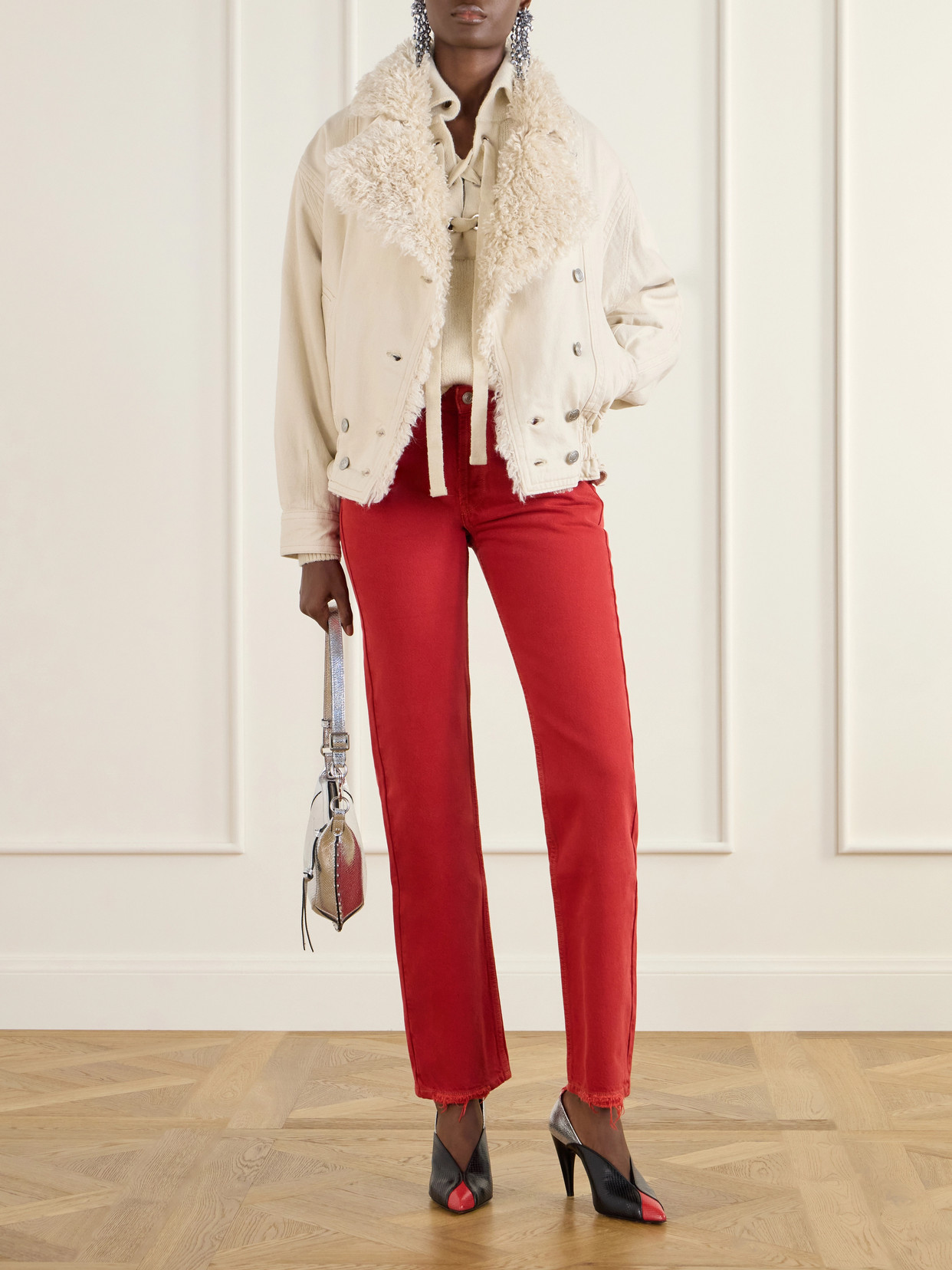 Valineo Padded Plush-Trimmed Denim Coat