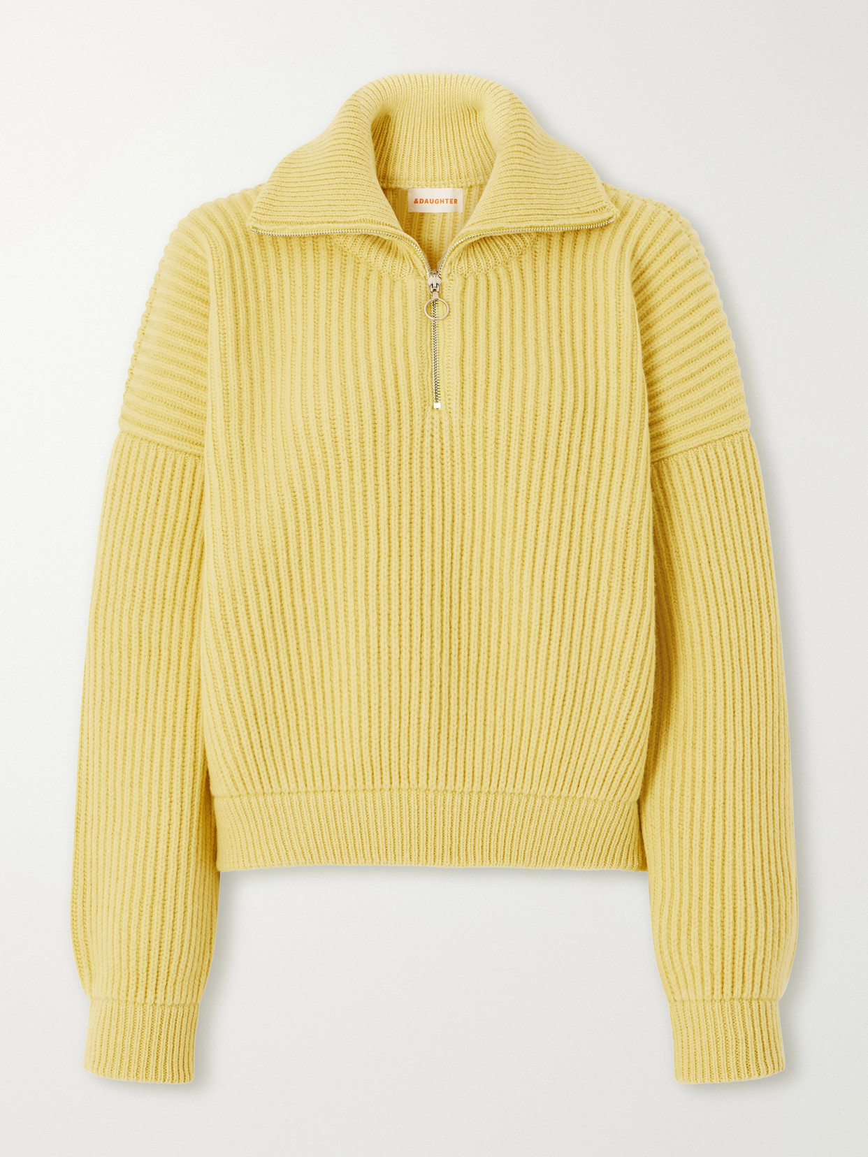 And-daughter Ribbed Wool Half-zip Sweater In Yellow