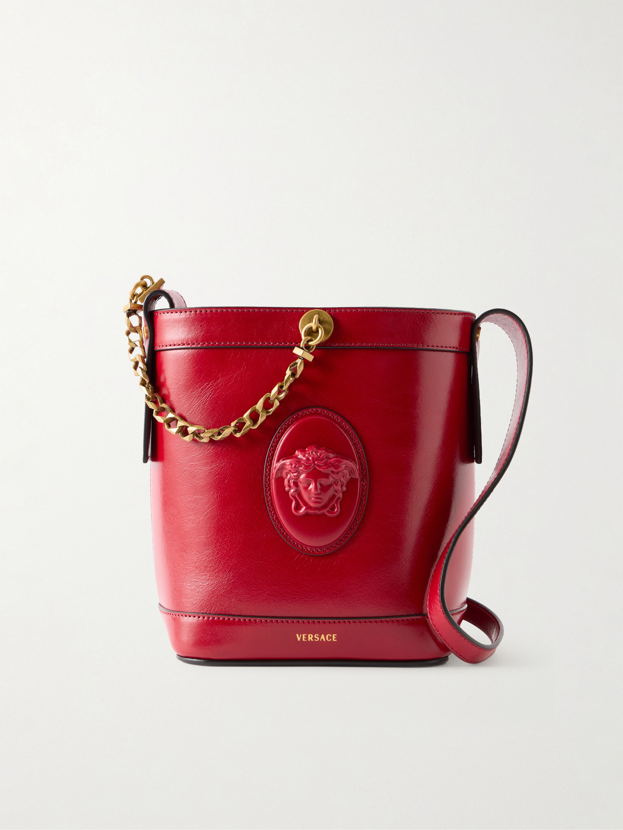 Versace Pivot Mini Leather Bucket Bag In Red