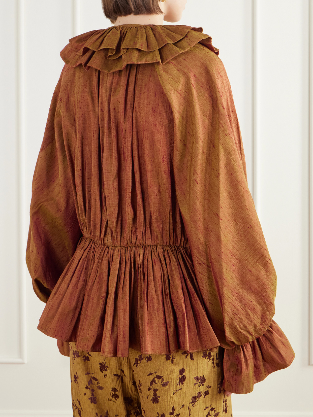Pussy-Bow Ruffled-Collar Gathered Silk-Dupioni Blouse
