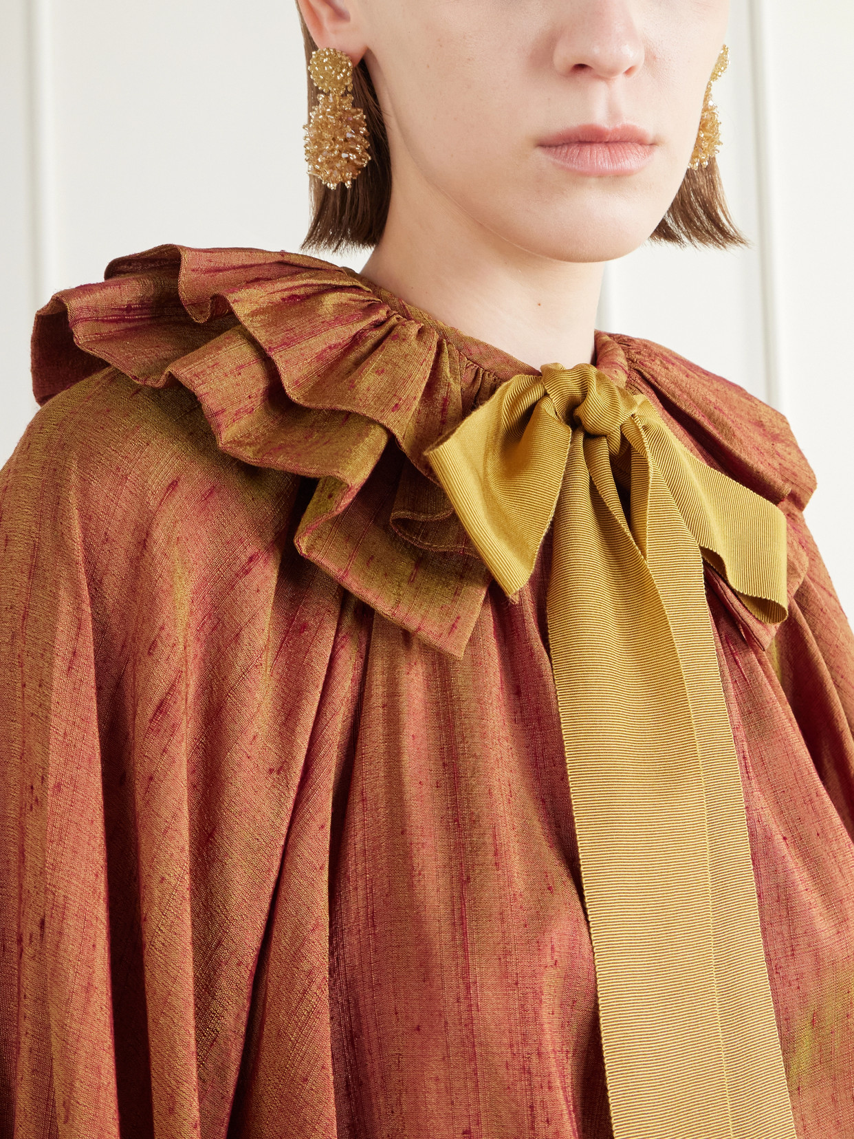 Pussy-Bow Ruffled-Collar Gathered Silk-Dupioni Blouse