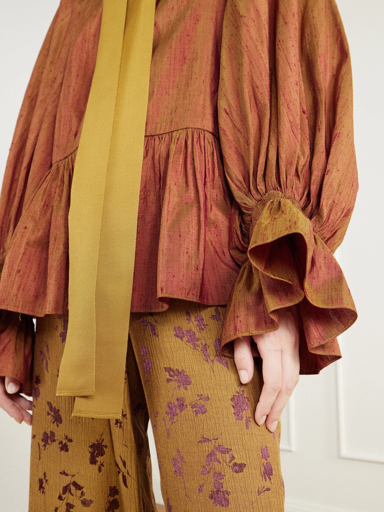 Pussy-Bow Ruffled-Collar Gathered Silk-Dupioni Blouse