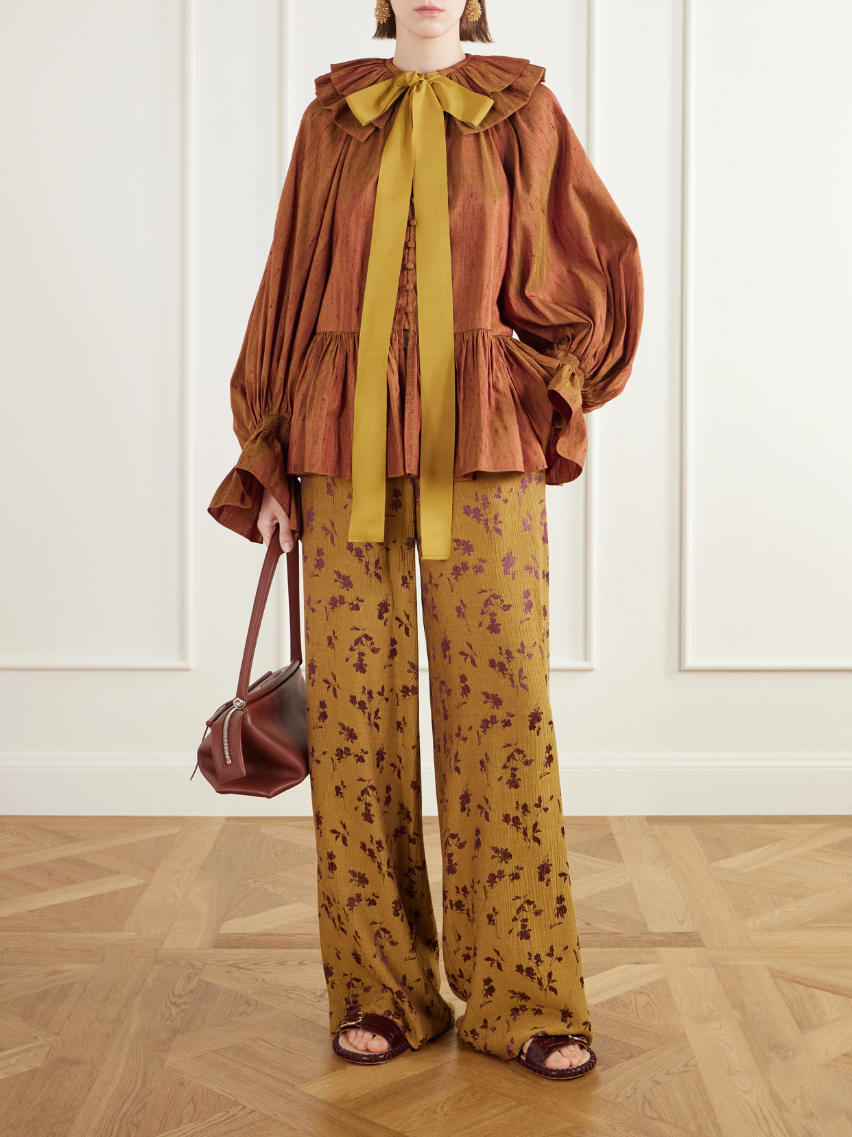 Pussy-Bow Ruffled-Collar Gathered Silk-Dupioni Blouse