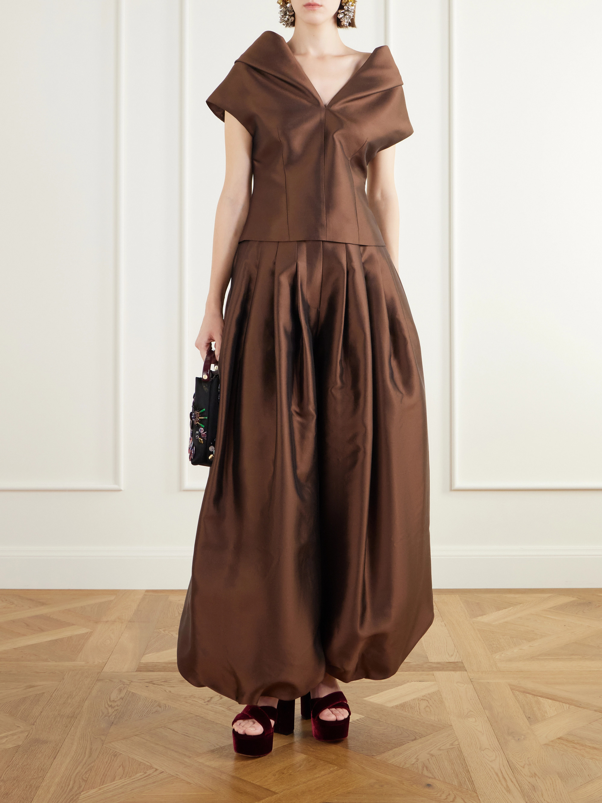 Christopher John Rogers Pleated darted silk and wool-blend twill top
