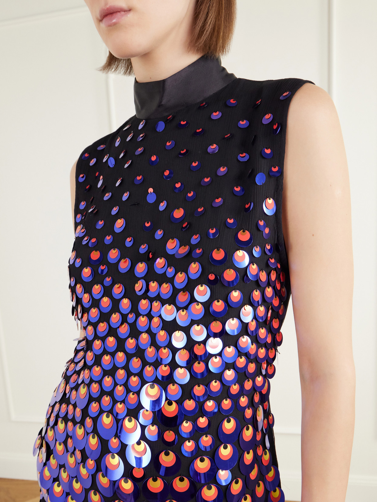Sequin-Embellished Silk-Crepon Turtleneck Top