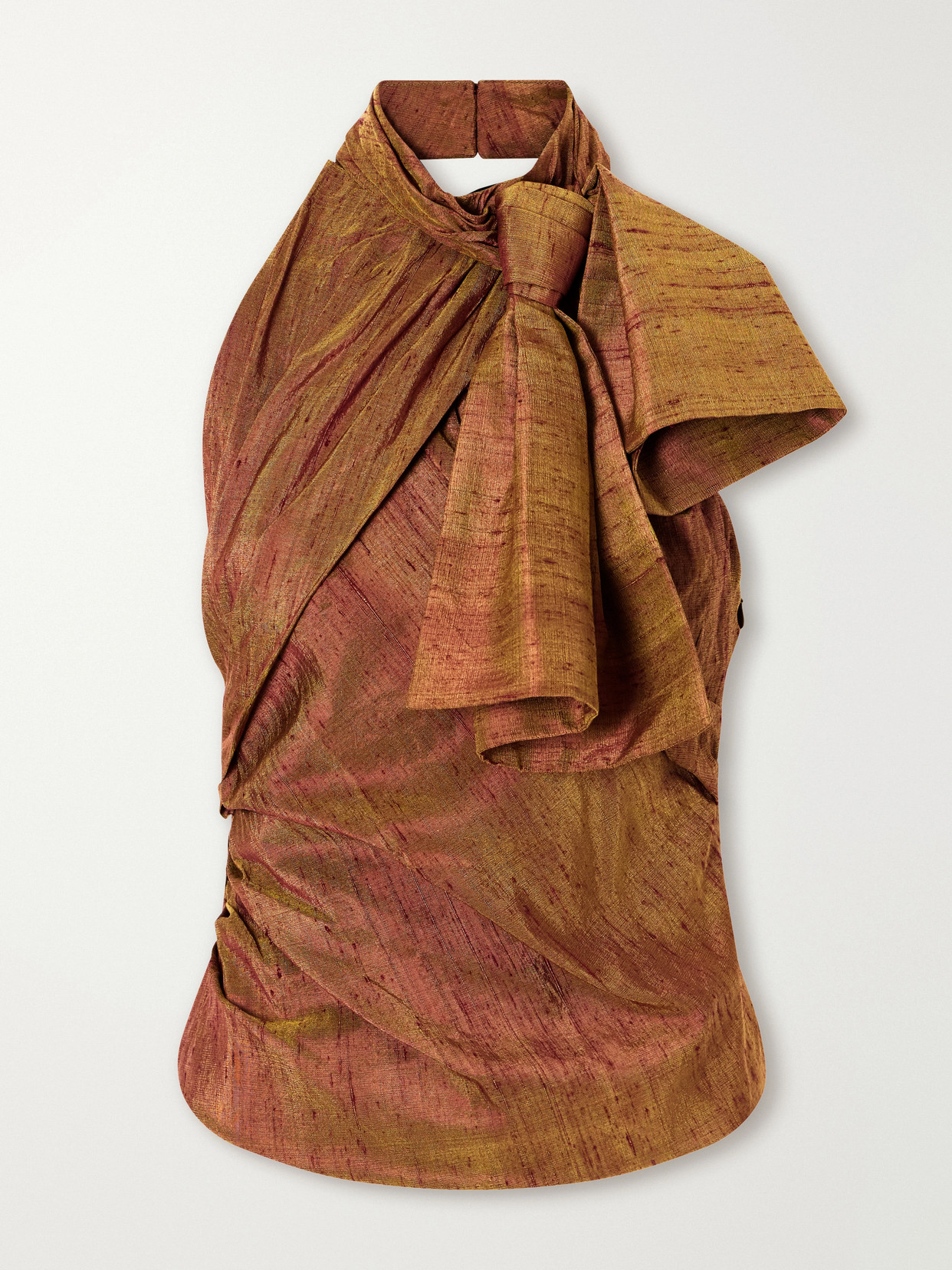Christopher John Rogers Draped Silk-dupioni Halter Top In Brown