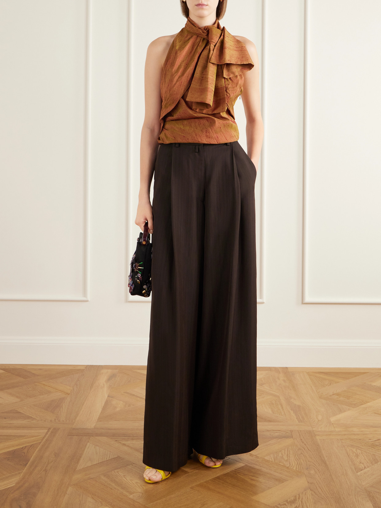 Draped Silk-Dupioni Halterneck Top