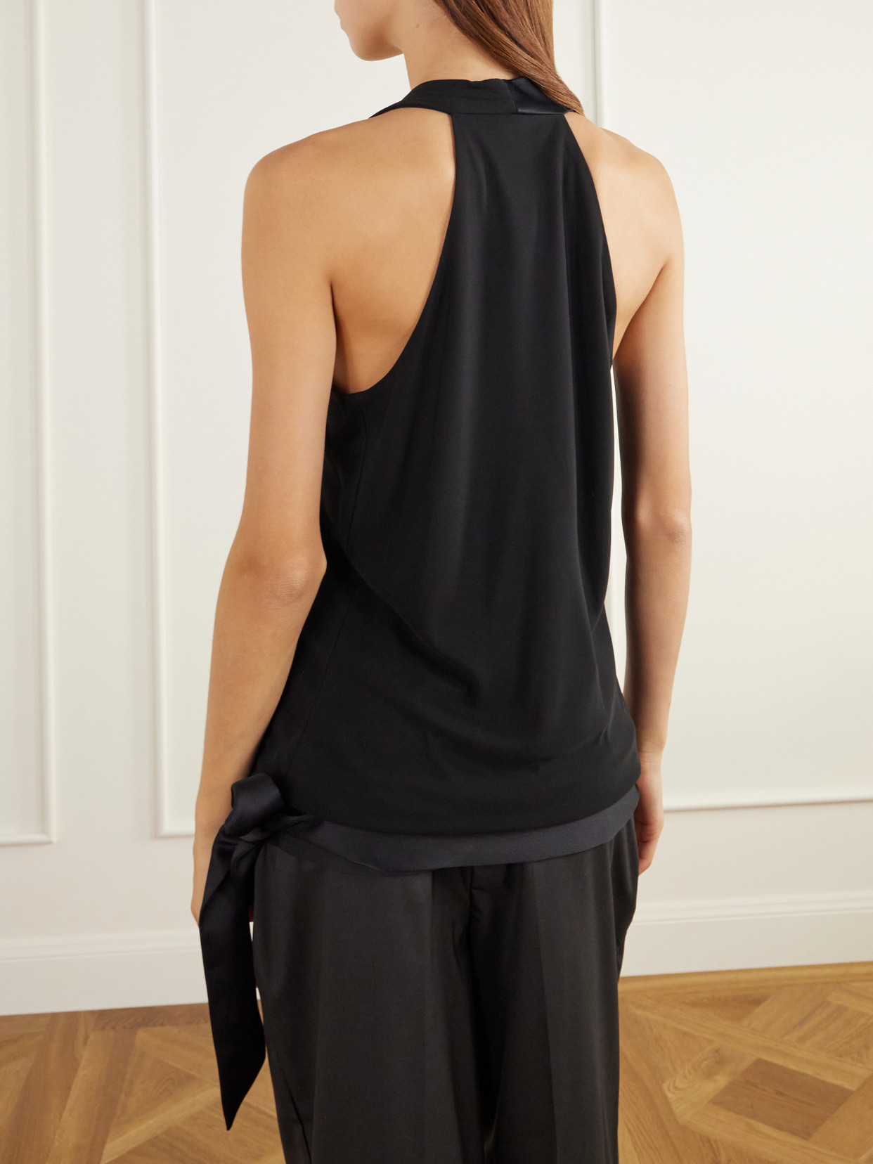 Tie-Detailed Satin-Trimmed Jersey Halterneck Tank