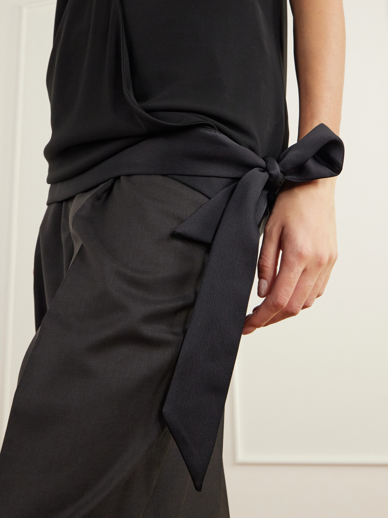 Tie-Detailed Satin-Trimmed Jersey Halterneck Tank
