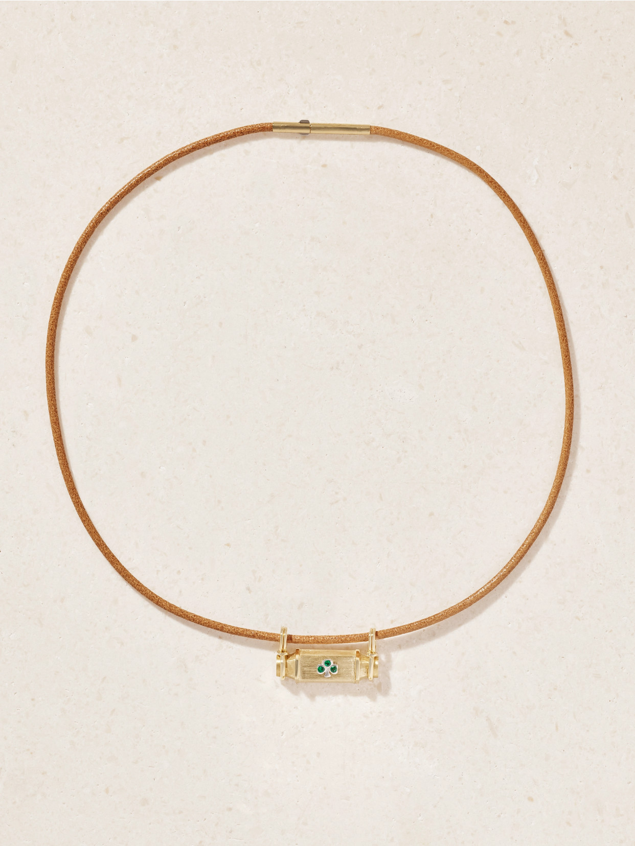Marie Lichtenberg Clover Smash Locket 18-karat Yellow And White Gold, Emerald And Leather Necklace