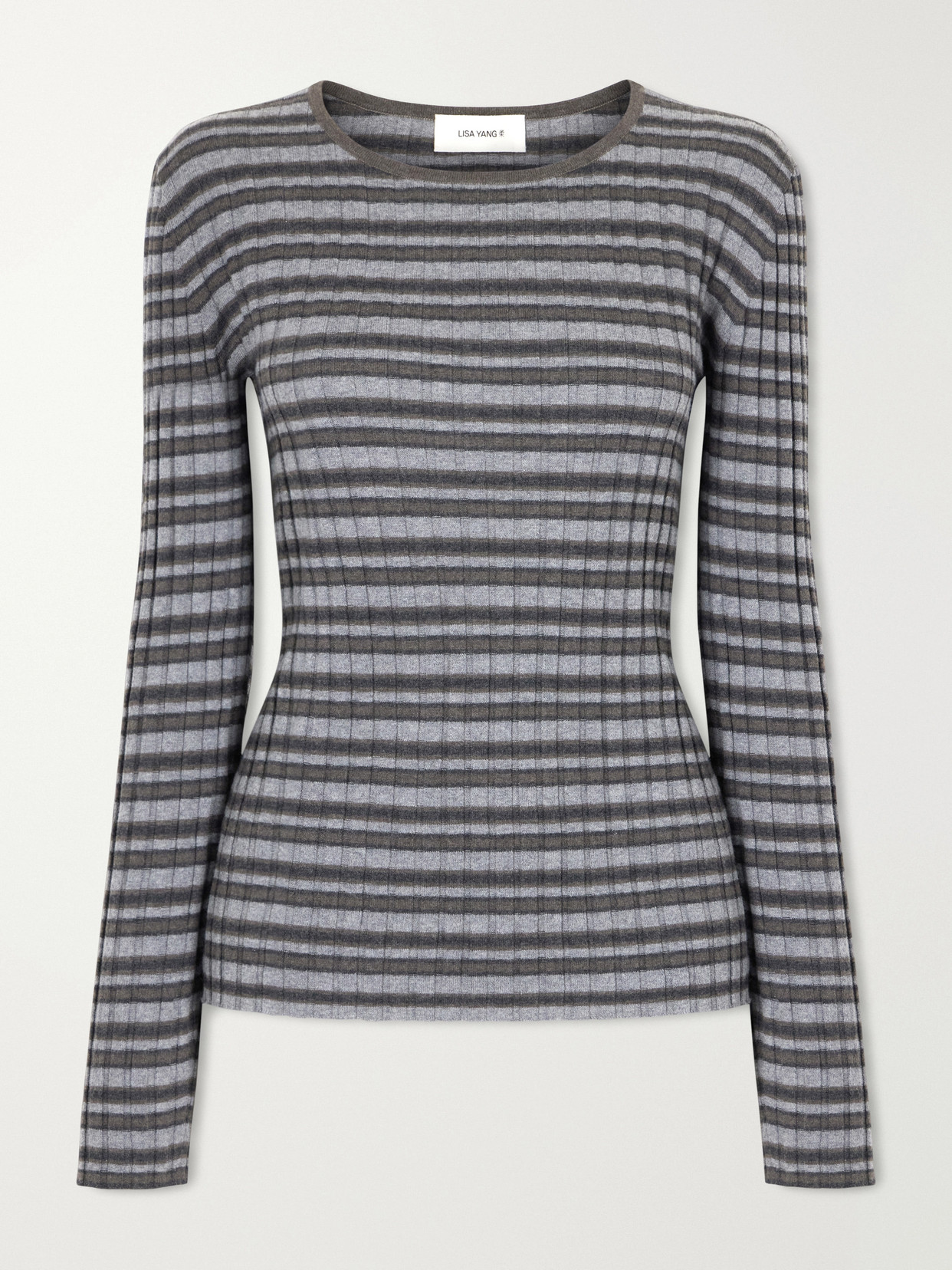 Lisa Yang Tarika Striped Ribbed Cotton And Cashmere-blend Sweater In Gray
