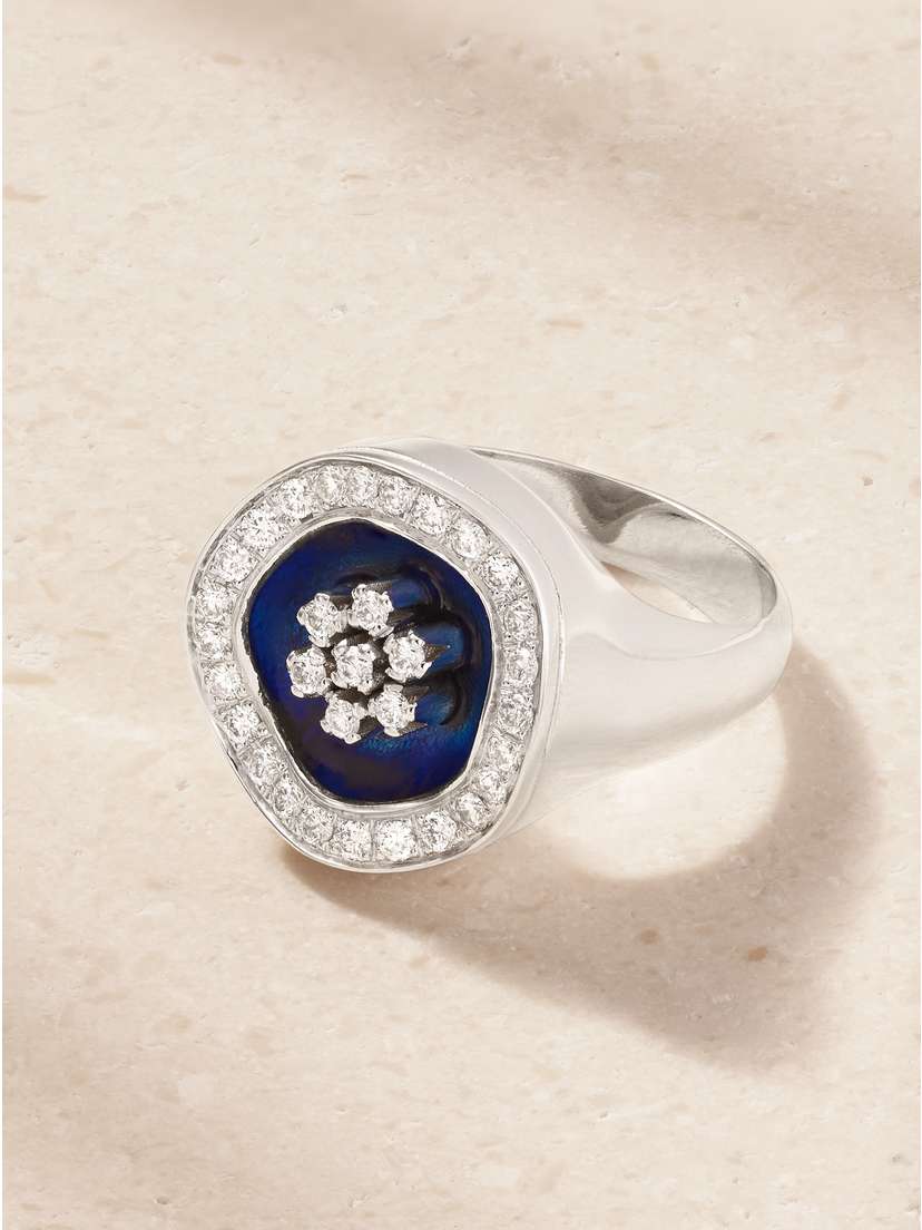 Flower 18-karat White Gold, Diamond And Enamel Signet Ring