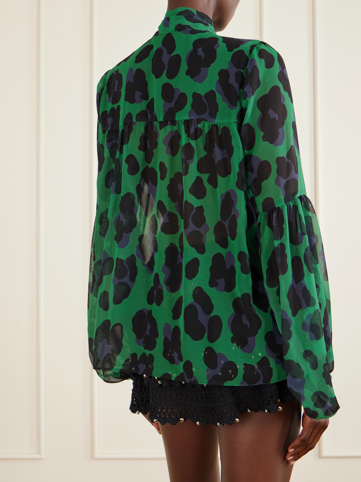 Knotted Gathered Leopard-Print Georgette Blouse