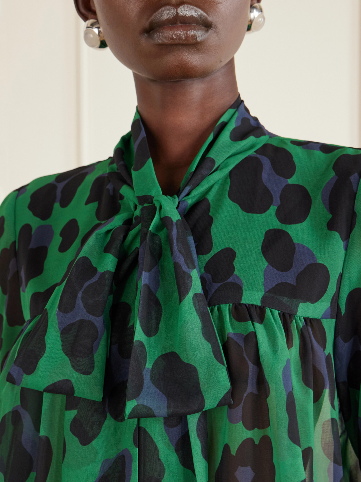 Knotted Gathered Leopard-Print Georgette Blouse
