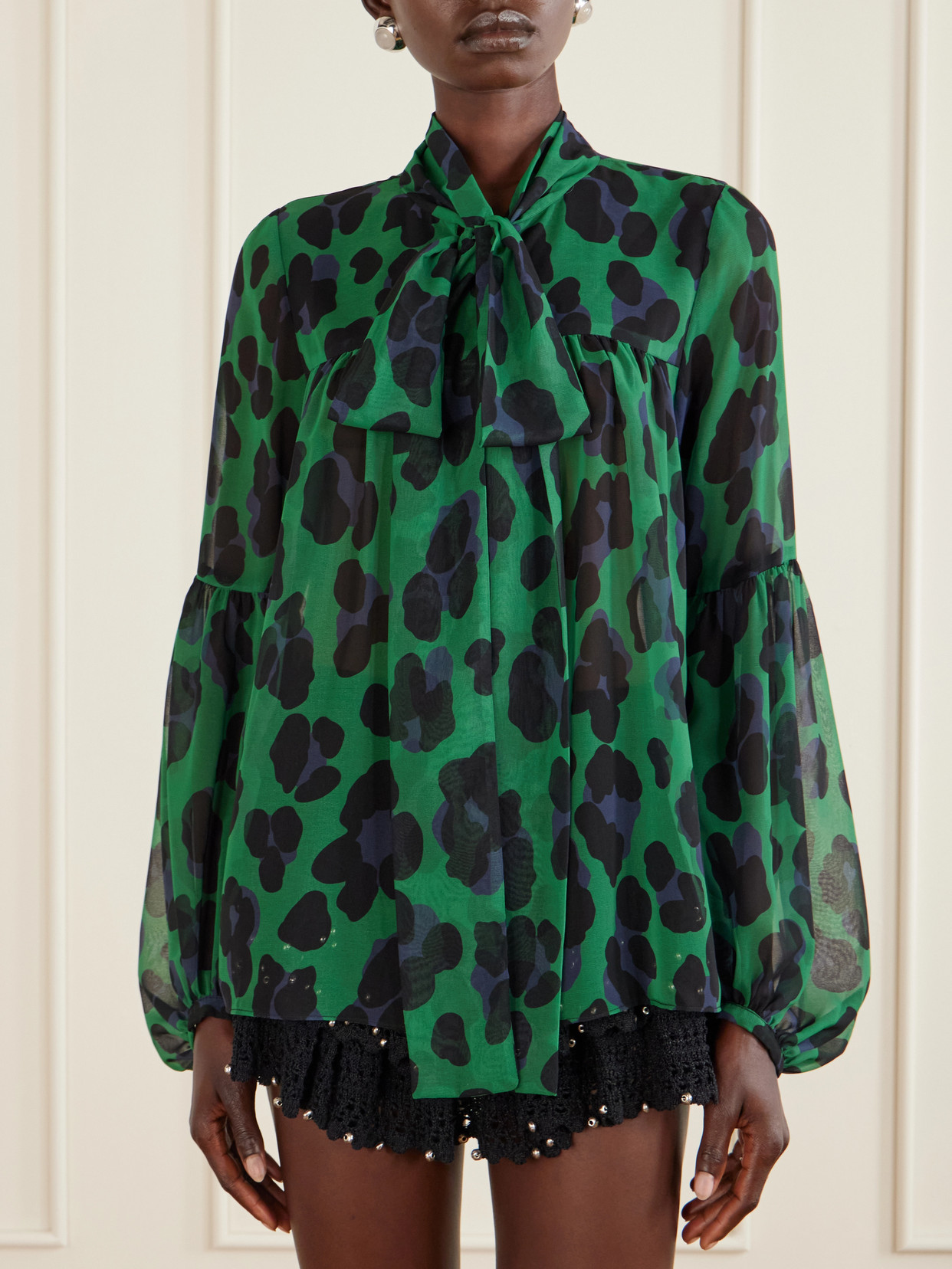 Knotted Gathered Leopard-Print Georgette Blouse