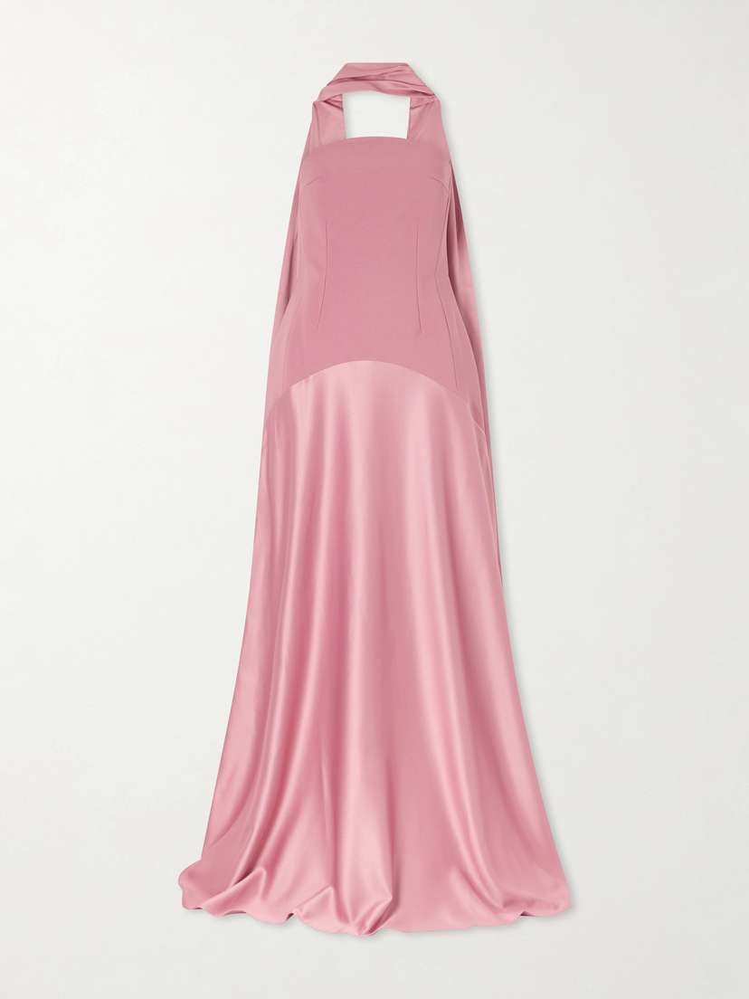 Solace London Mae Scarf-detailed Satin-trimmed Crepe Gown