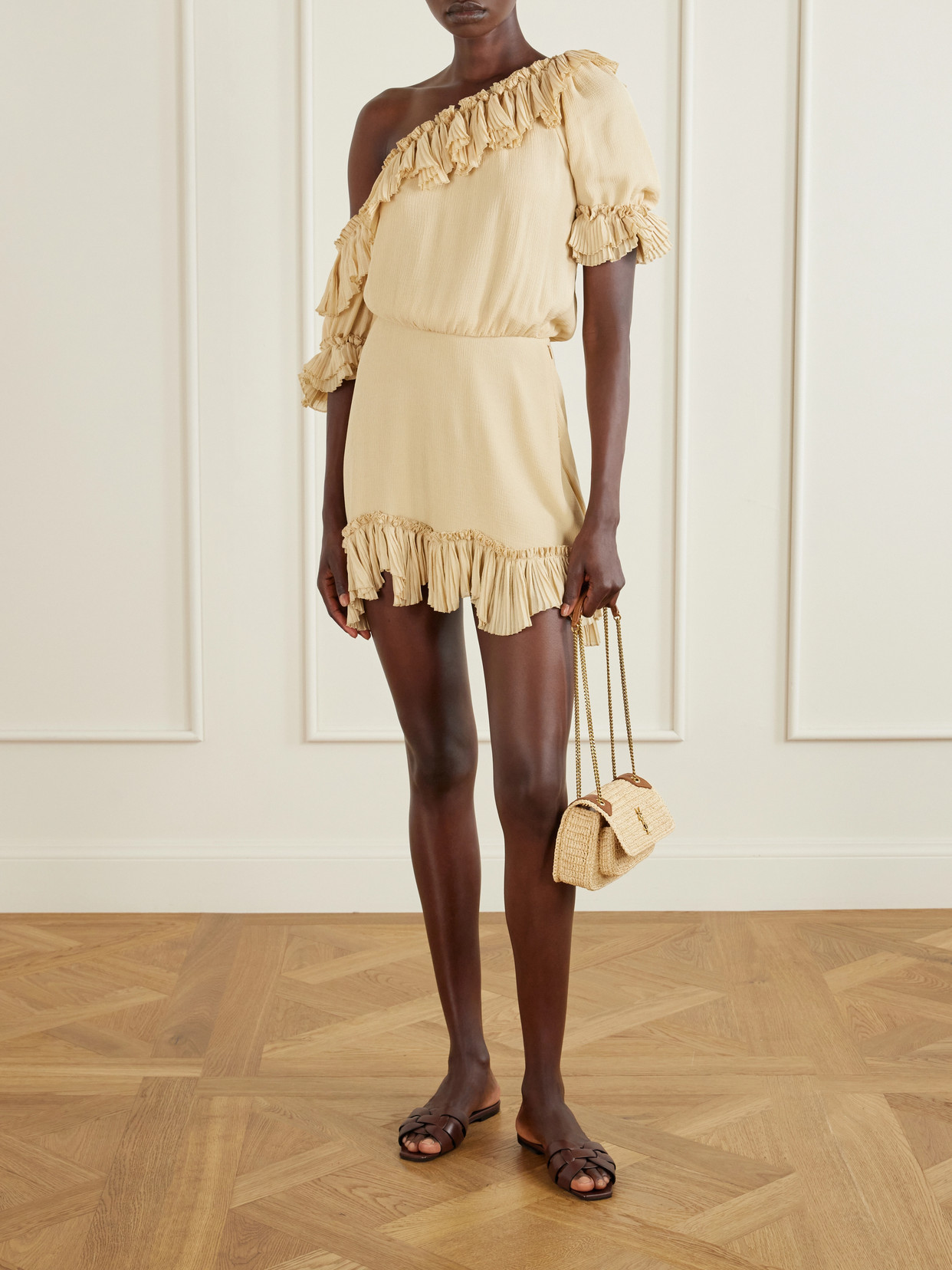 Niki Mini Leather-Trimmed Raffia Shoulder Bag