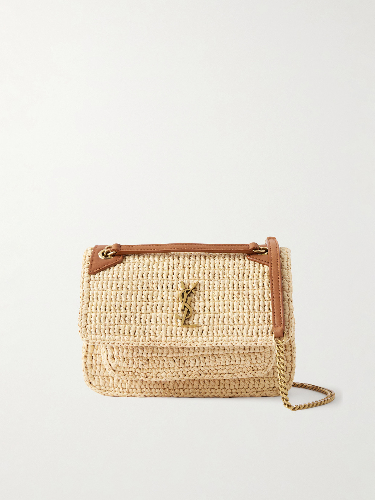 Niki Mini Leather-Trimmed Raffia Shoulder Bag