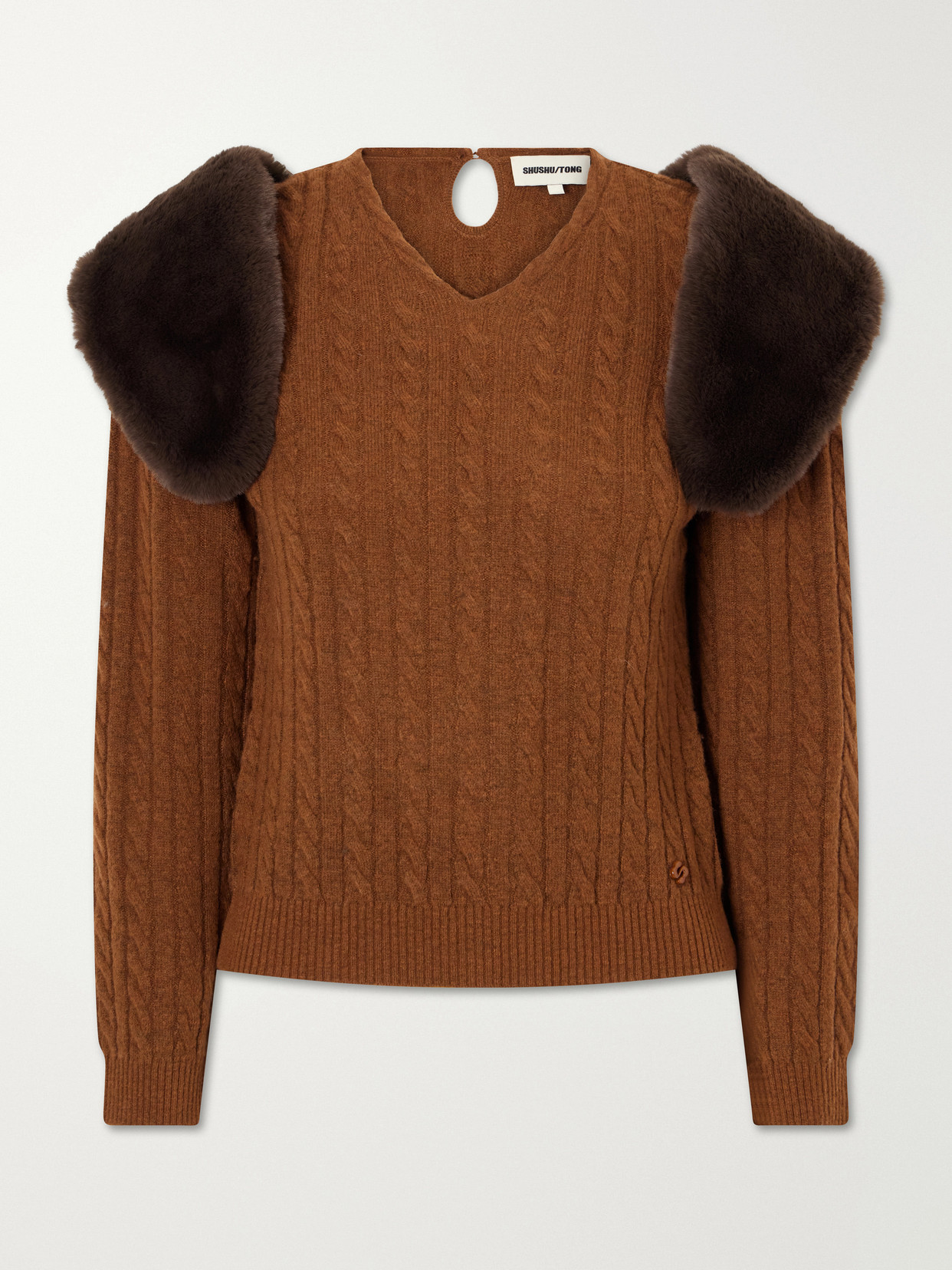 Shushu-tong Plush-trimmed Cable-knit Wool And Lyocell-blend Sweater In Brown