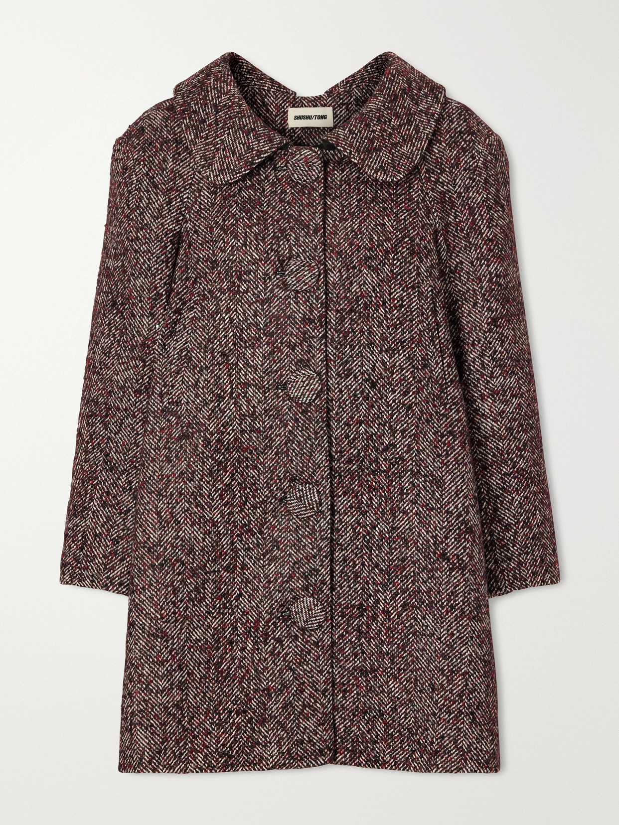 Shushu-tong Wool-blend Herringbone Long Coat In Burgundy