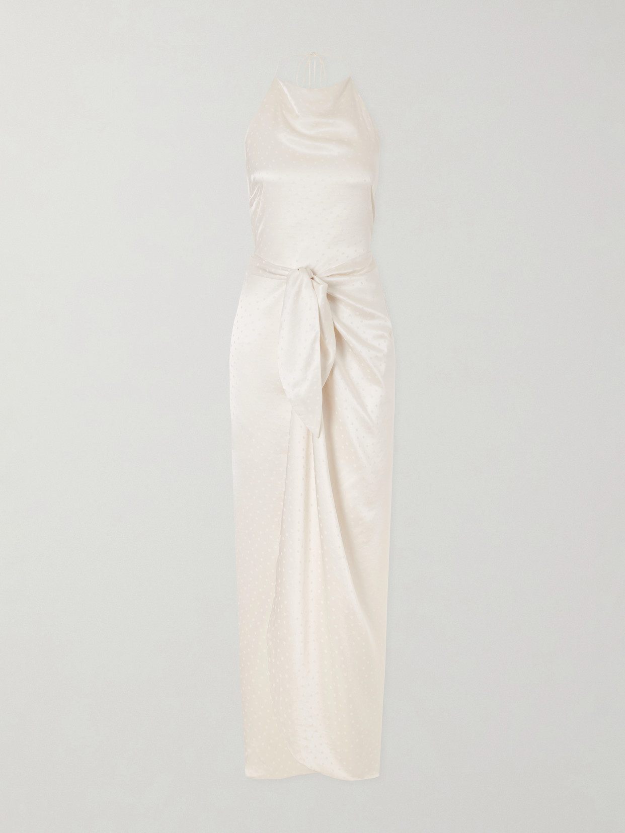 Aflalo Nourin Polka-dot Knotted Satin-jacquard Halterneck Maxi Dress In White