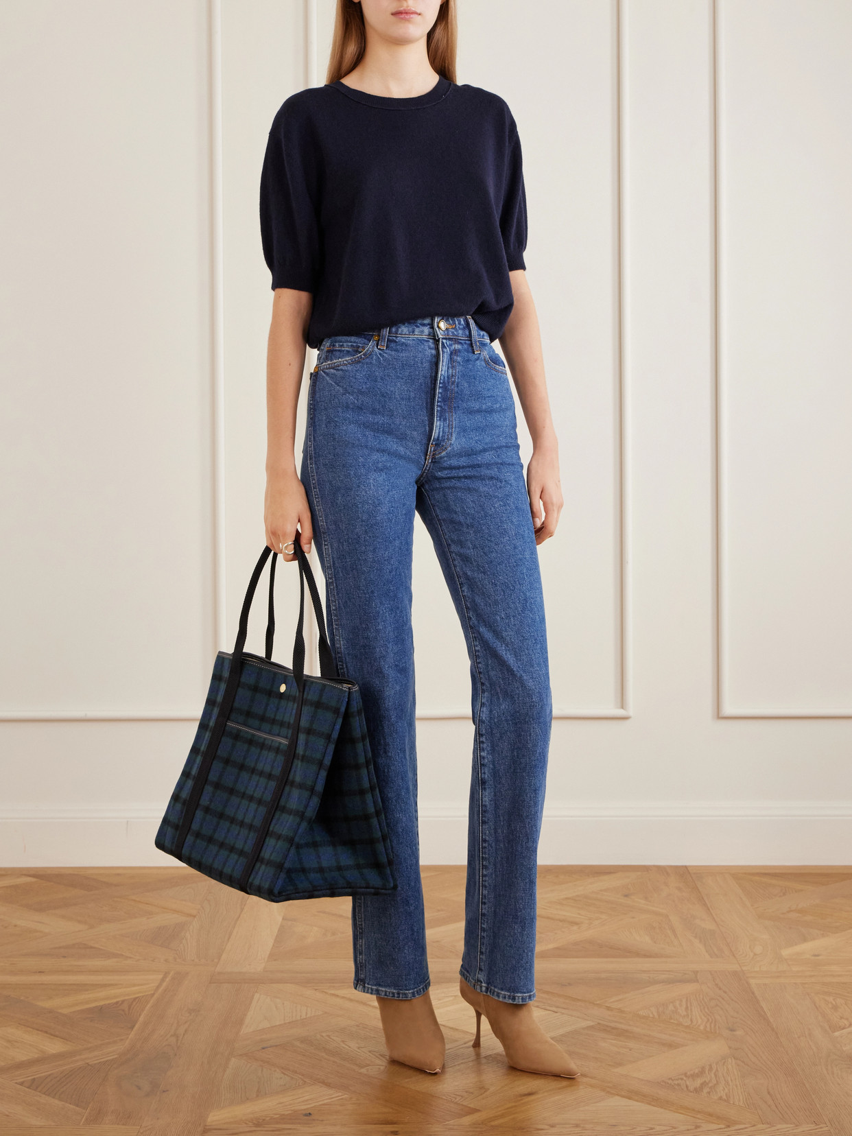 Traversée Large Leather-Trimmed Checked Canvas Tote